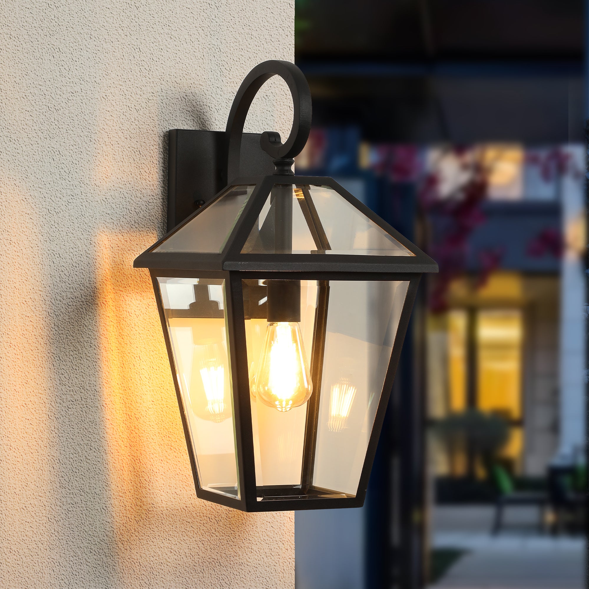 Outdoor Wall Light, Aluminum Lantern with Glass Panels, Black
