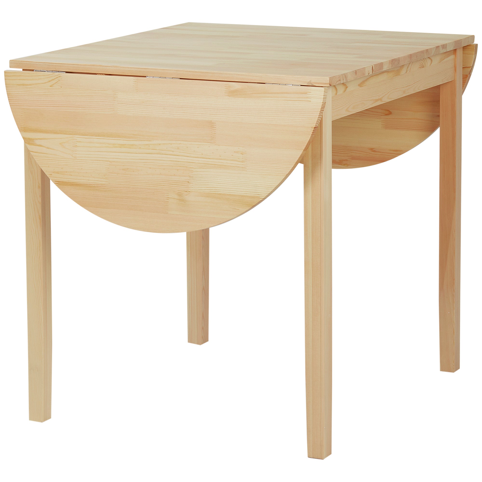 Natural pine drop-leaf dining table with both leaves folded down, three-quarter view on a plain white studio background