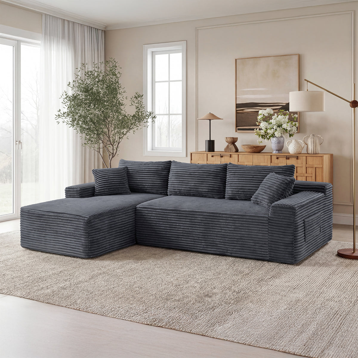 Gray Corduroy L-Shaped Modular Sectional, 106.3 in Wide