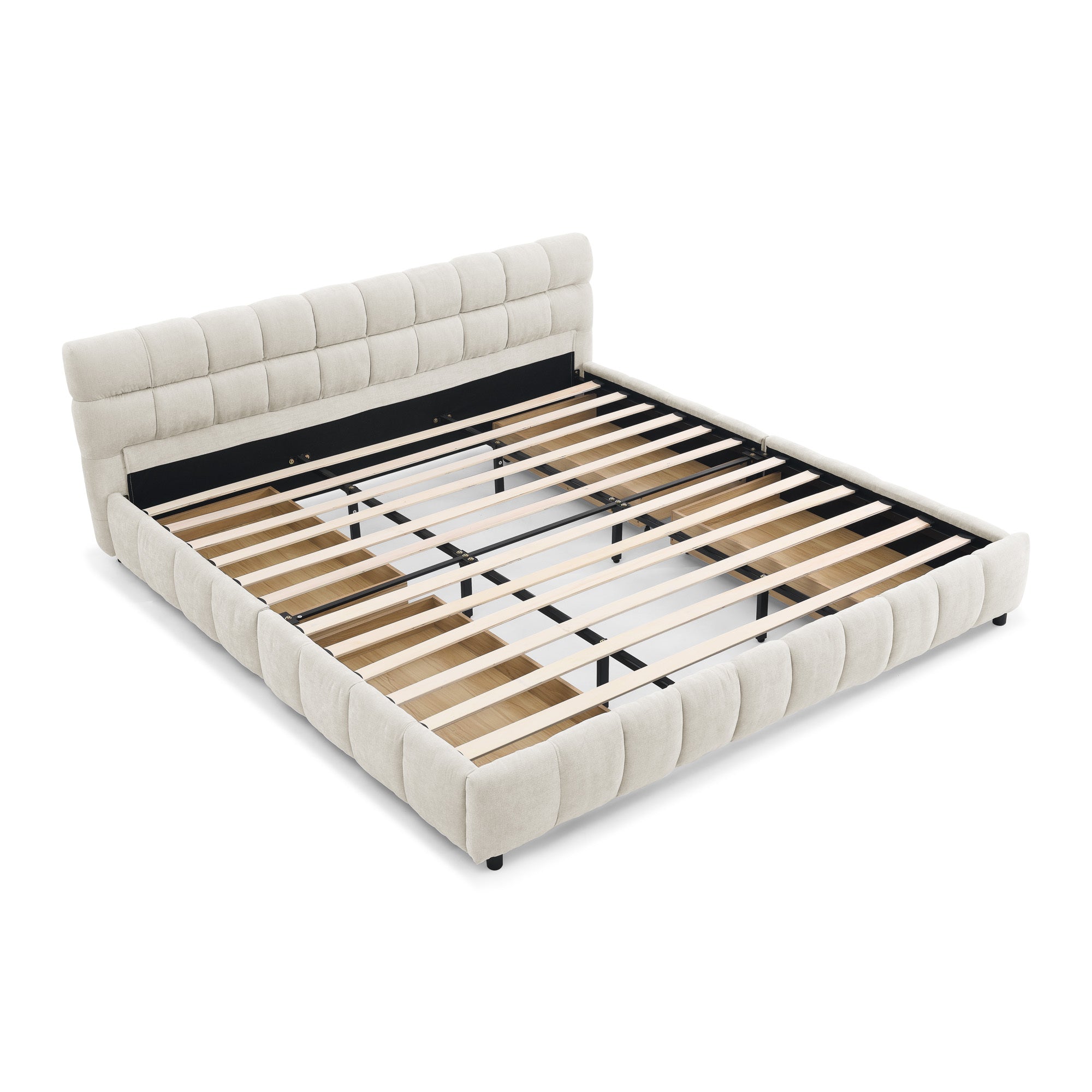 Beige chenille king bed frame side profile on white background