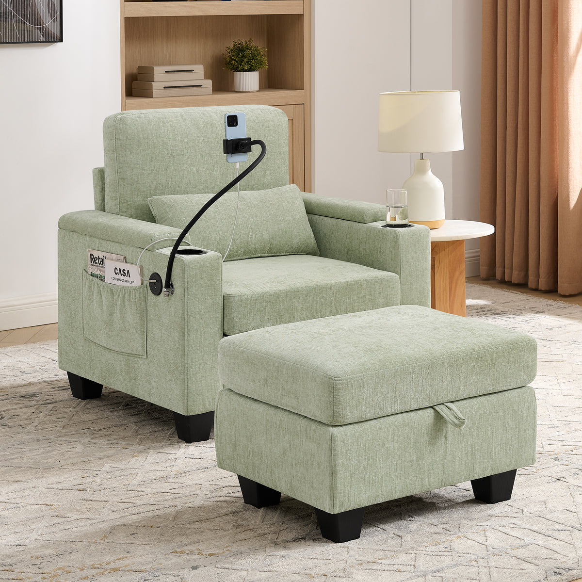 Chenille Recliner, USB Charging, Single Seat