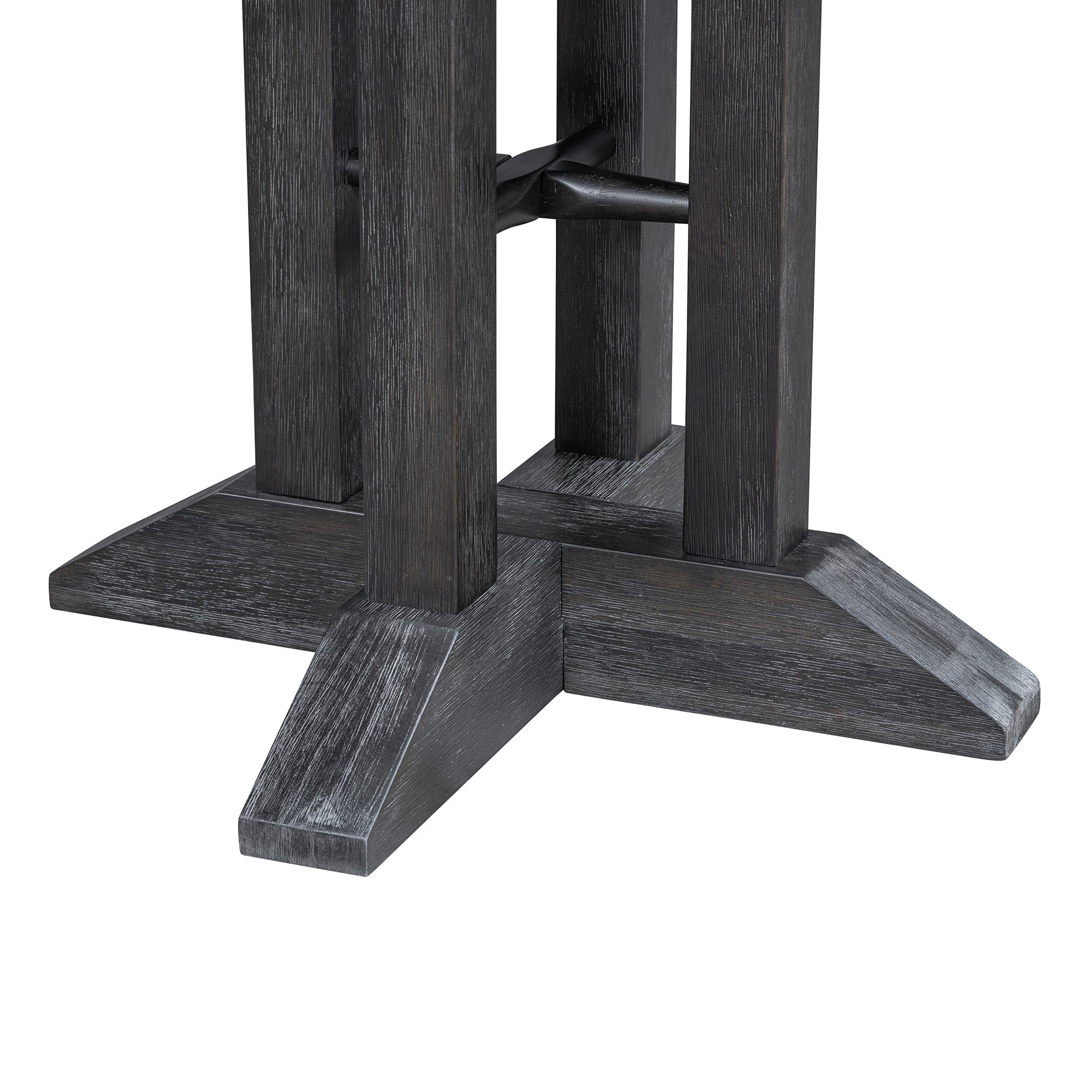 Close-up of the dark double-column pedestal base and feet