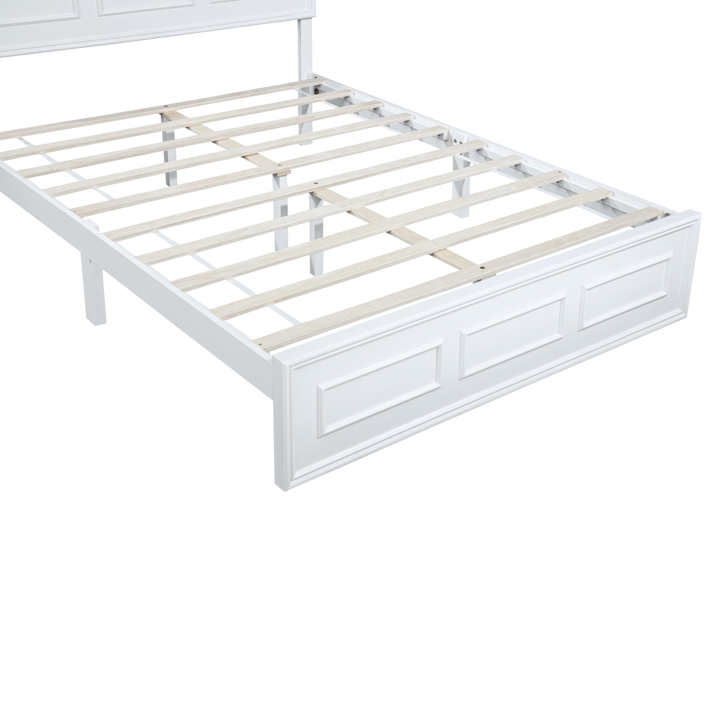 Front view of a low recessed-panel footboard and wood slat base on a white queen bed #Color_White