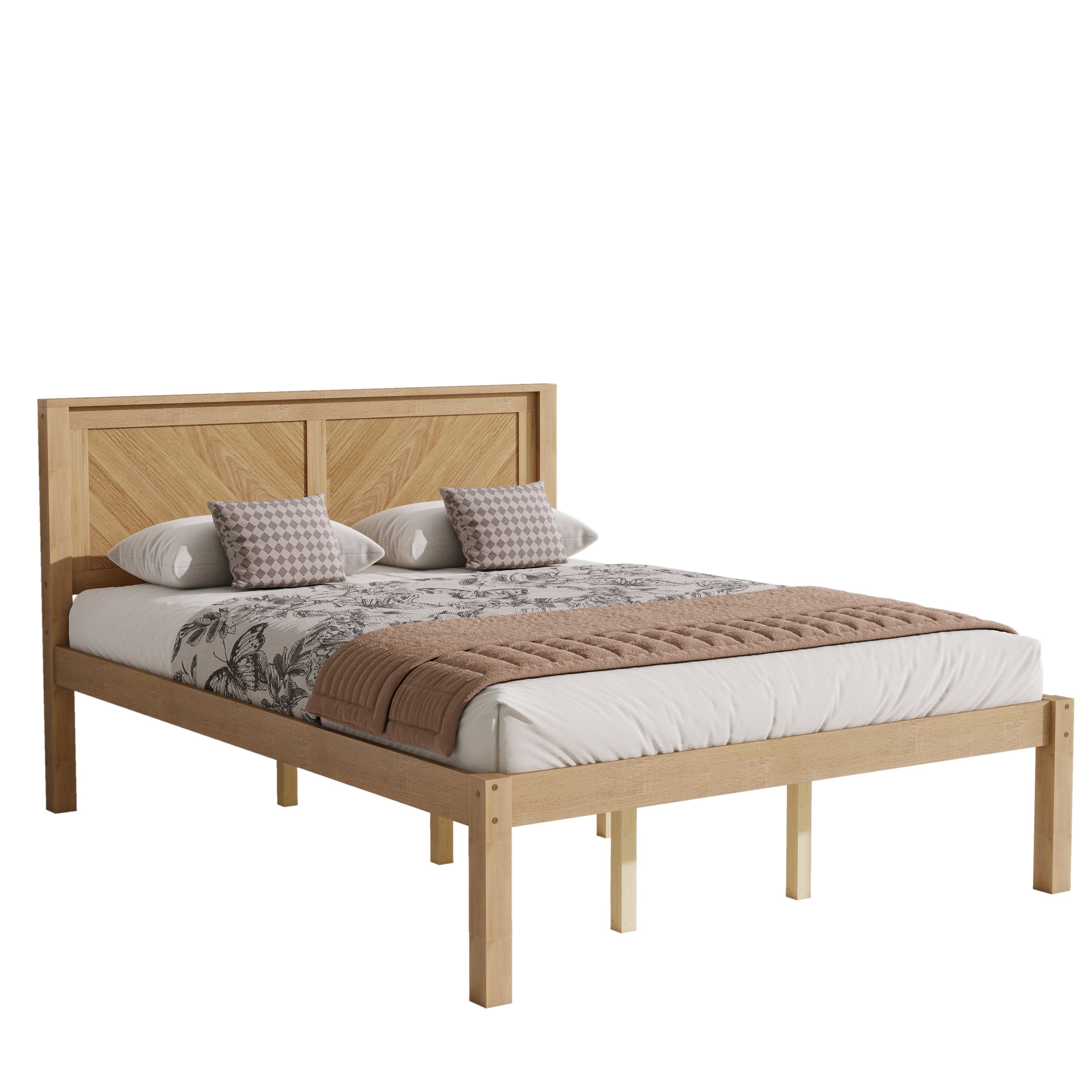 Studio photo of the natural oak queen platform bed with chevron headboard and layered bedding on white