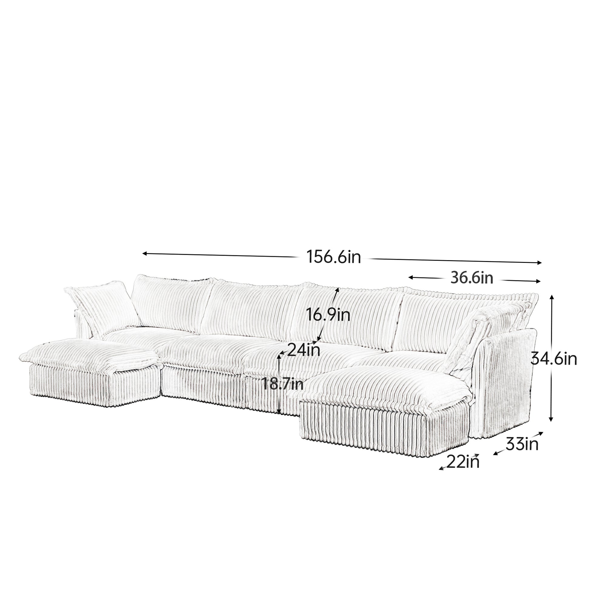 corduroy sectional with removable covers, measuring 156.6” wide, 34.6” high, and 33” deep; features deep 24” seats, 22” armrests, and modular design for customizable layouts