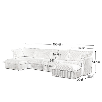 corduroy sectional with removable covers, measuring 156.6” wide, 34.6” high, and 33” deep; features deep 24” seats, 22” armrests, and modular design for customizable layouts