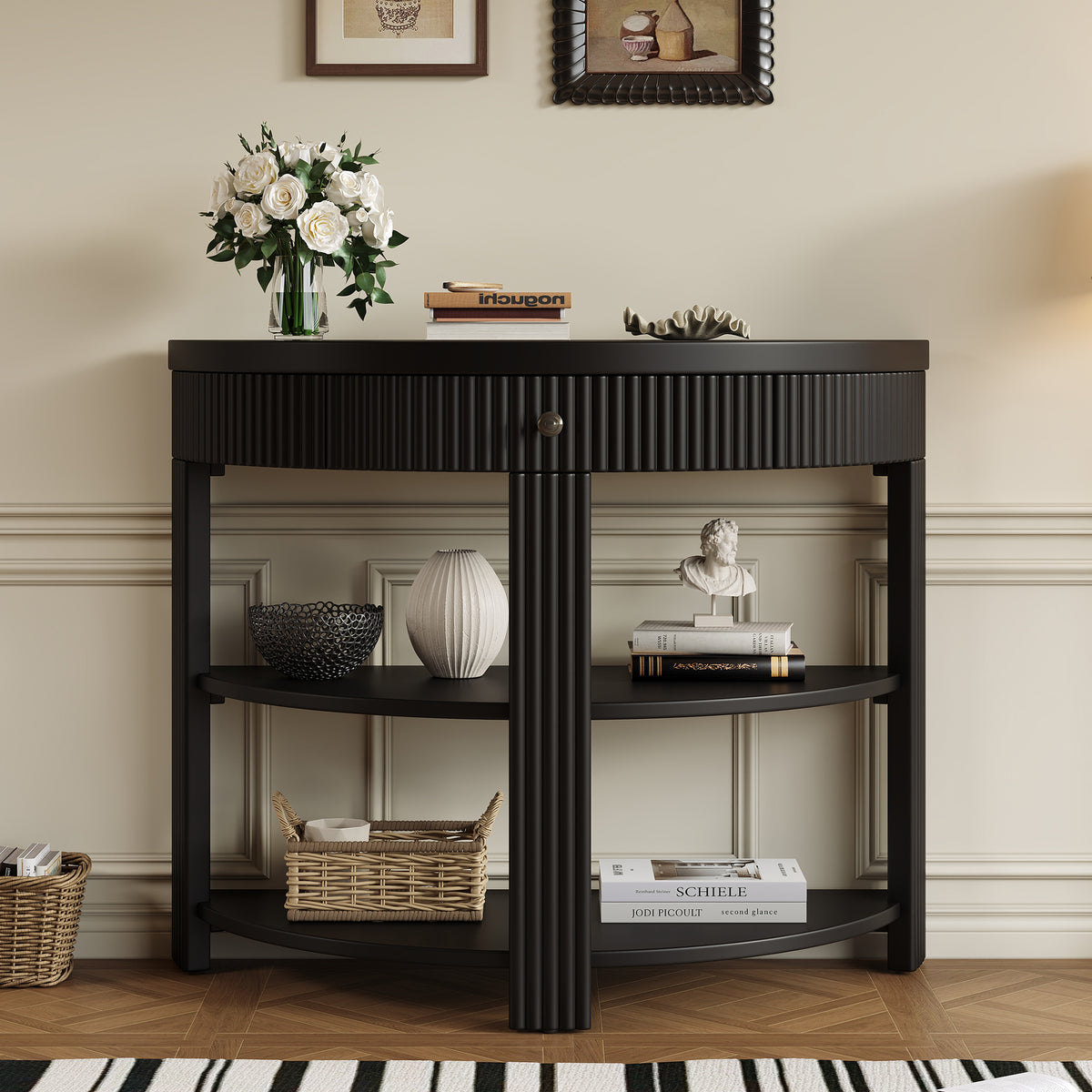 Black Fluted Entryway Console Table with Storage, 37 in Wide