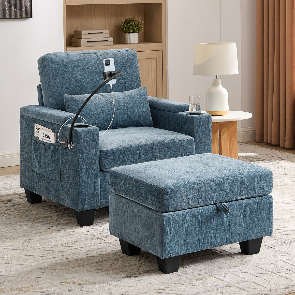 Blue Chenille Recliner, USB Charging, Single Seat