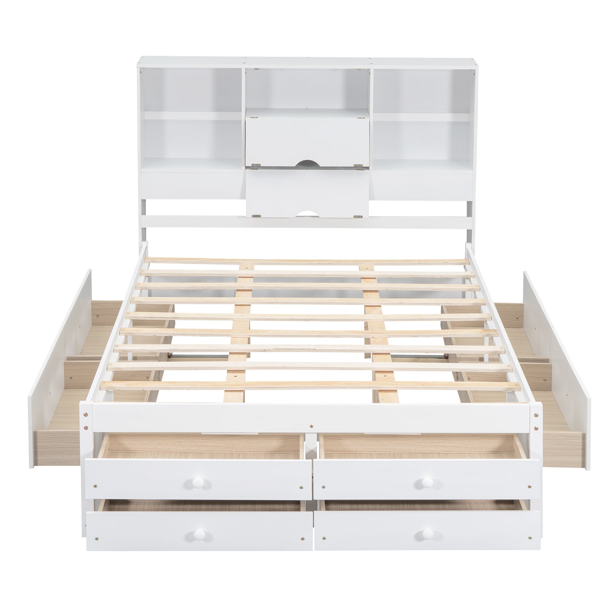 Bare front of the white storage bed with all drawers open, four at the foot and four under the bed