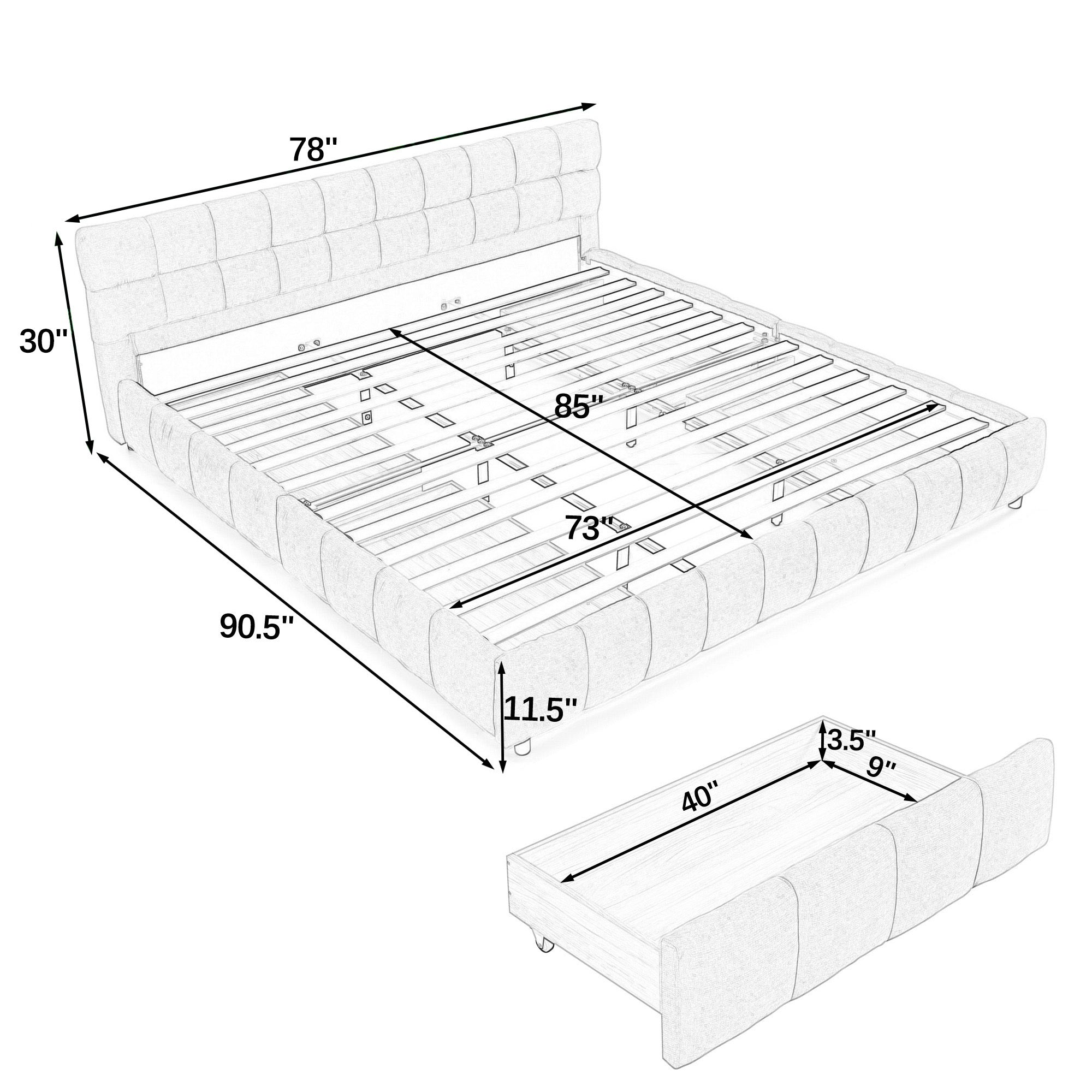 Labeled dimension diagram of bed frame and drawer size in inches