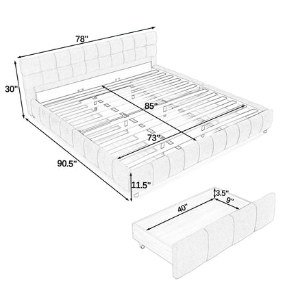 Labeled dimension diagram of bed frame and drawer size in inches