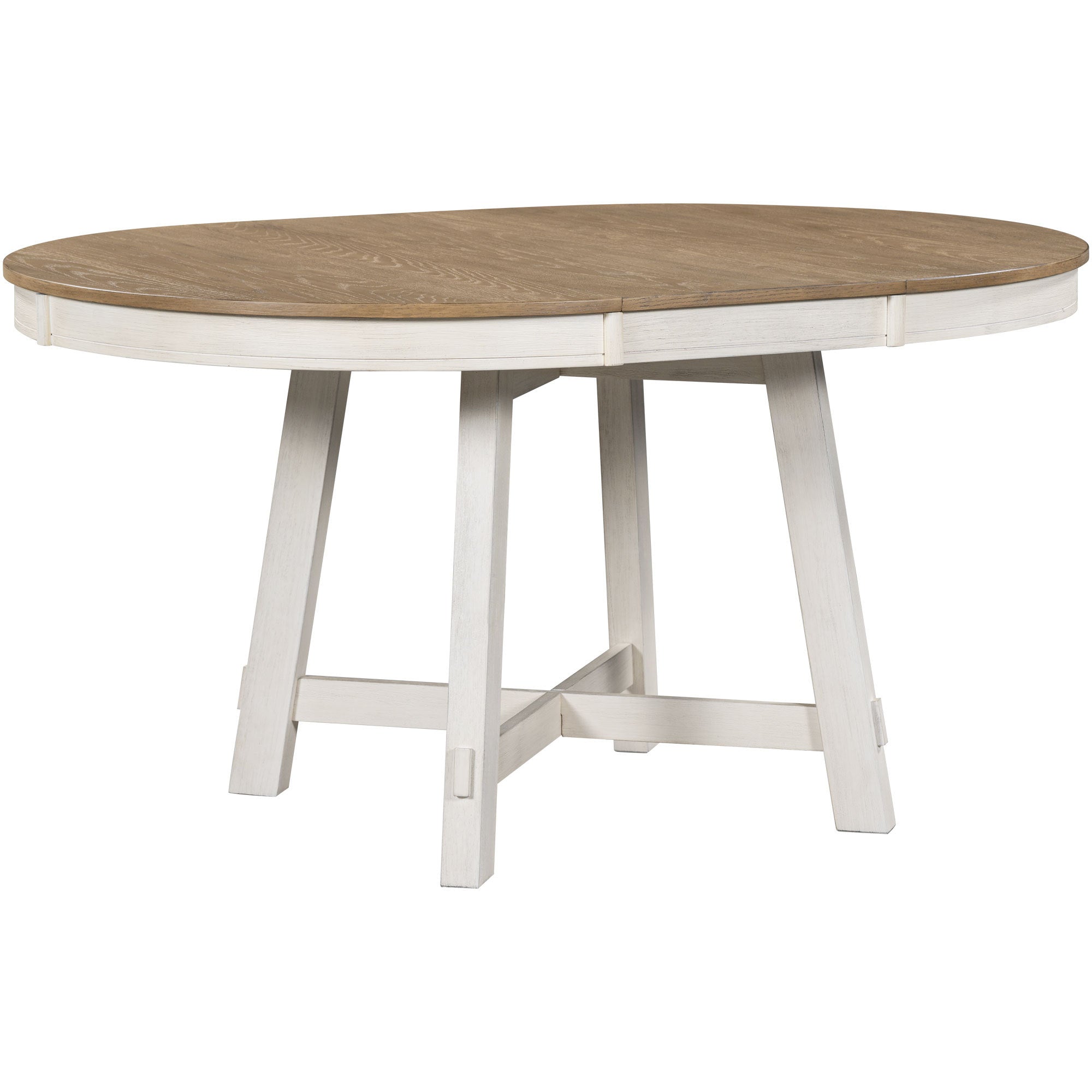 Three-quarter studio view of the two-tone table extended to oval