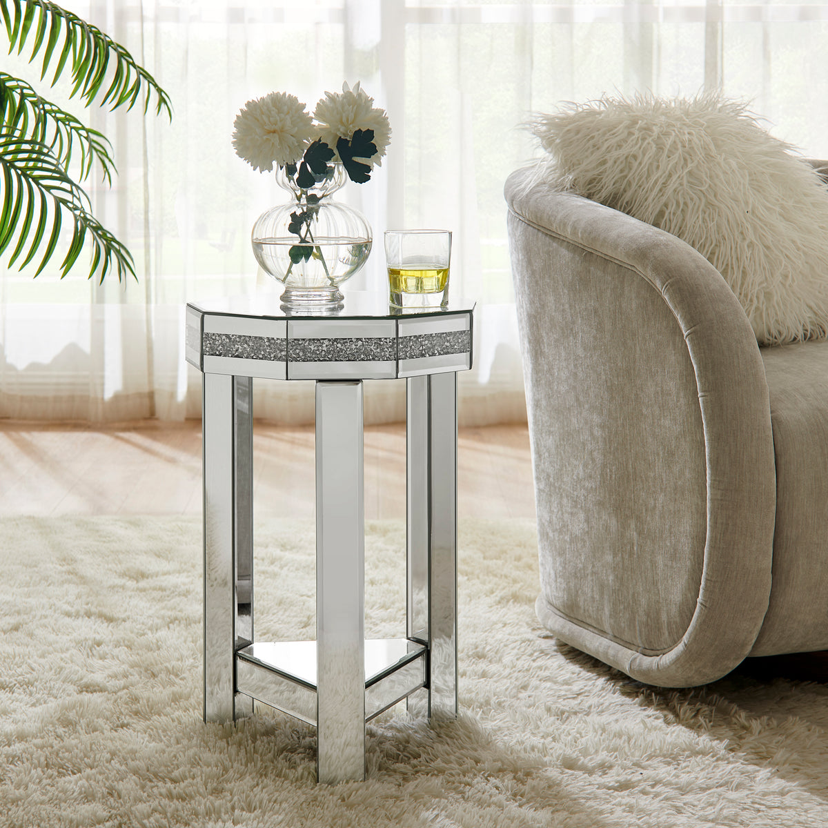 Silver Glass Top Side Table with Storage, 13.8 in