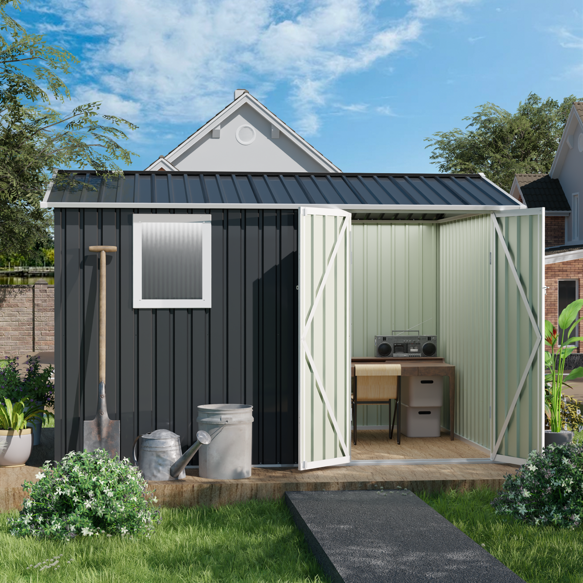 6x9 ft Gray Metal Storage Shed with Window