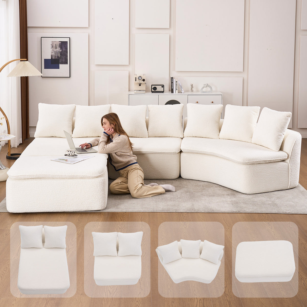 White Chenille U-Shaped Reclining Sectional with Ottoman, No Assembly
