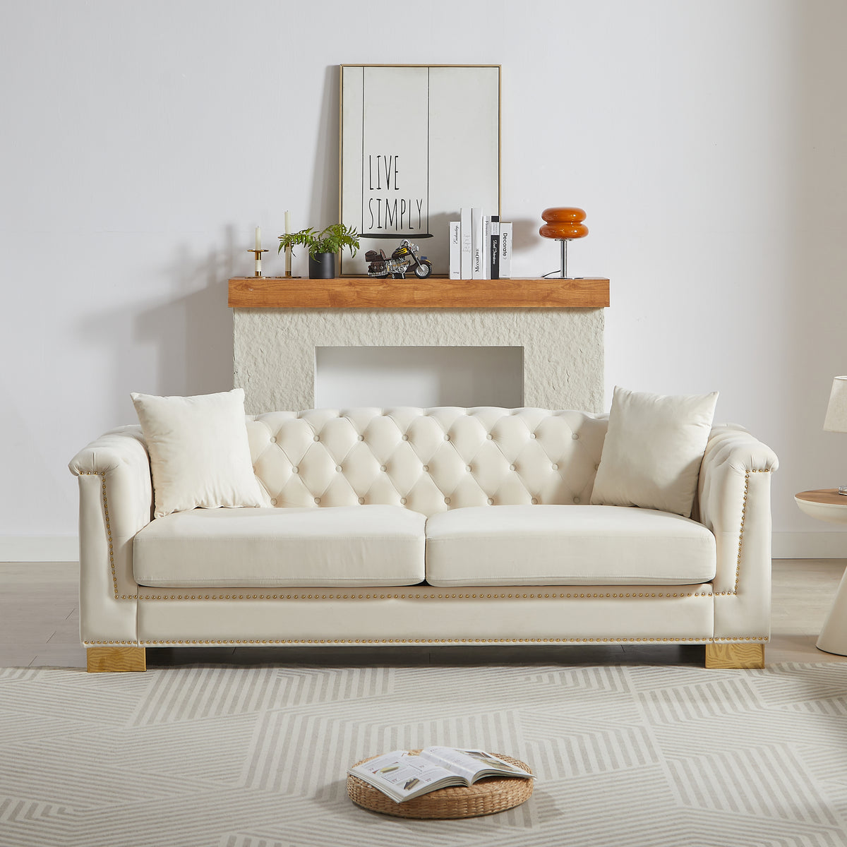 Beige Velvet 3-Seat Chesterfield Sofa, 84 in Wide