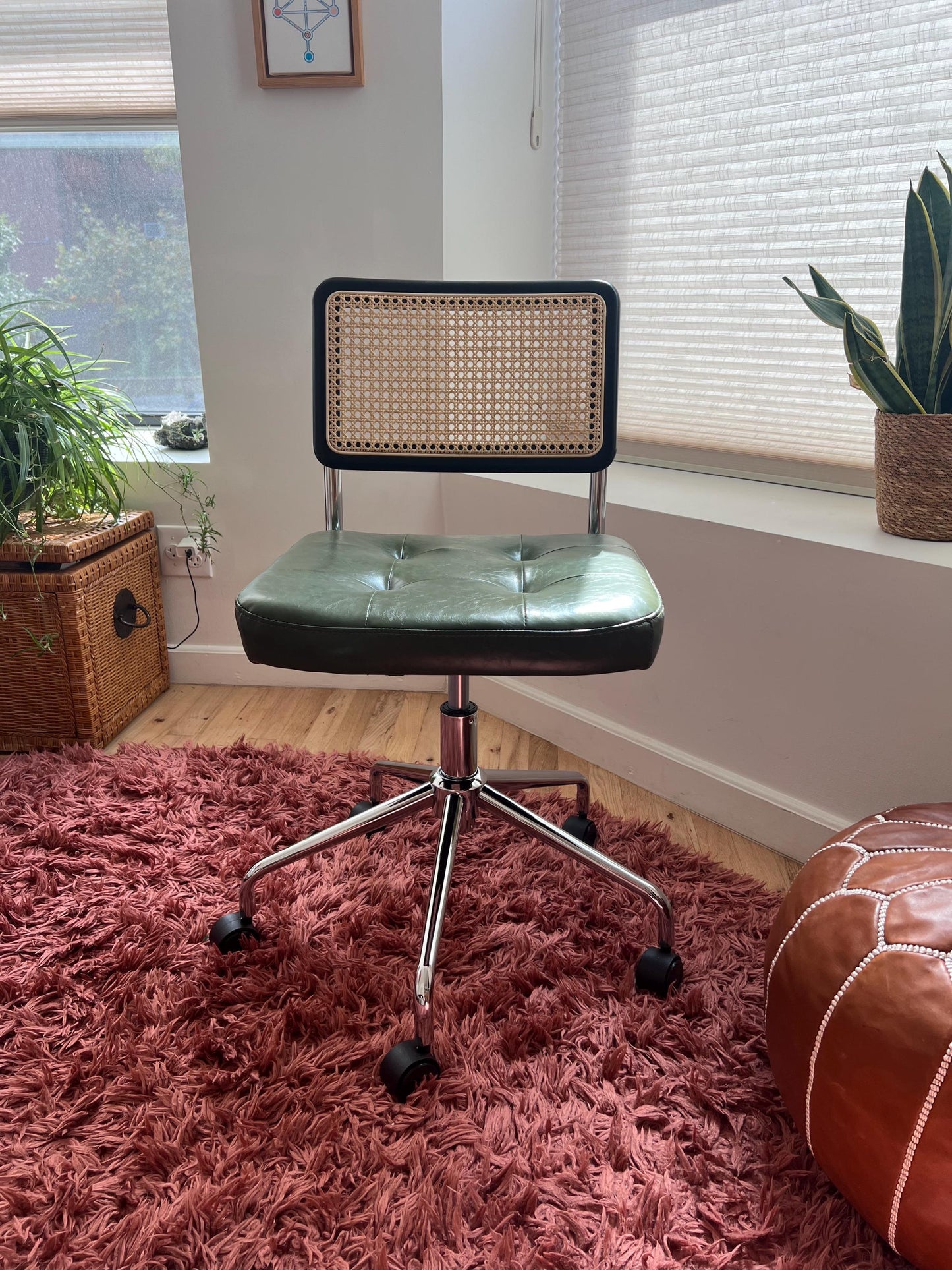 Mid Century Modern Office Chair – Rattan, Vegan Leather & Stainless Steel