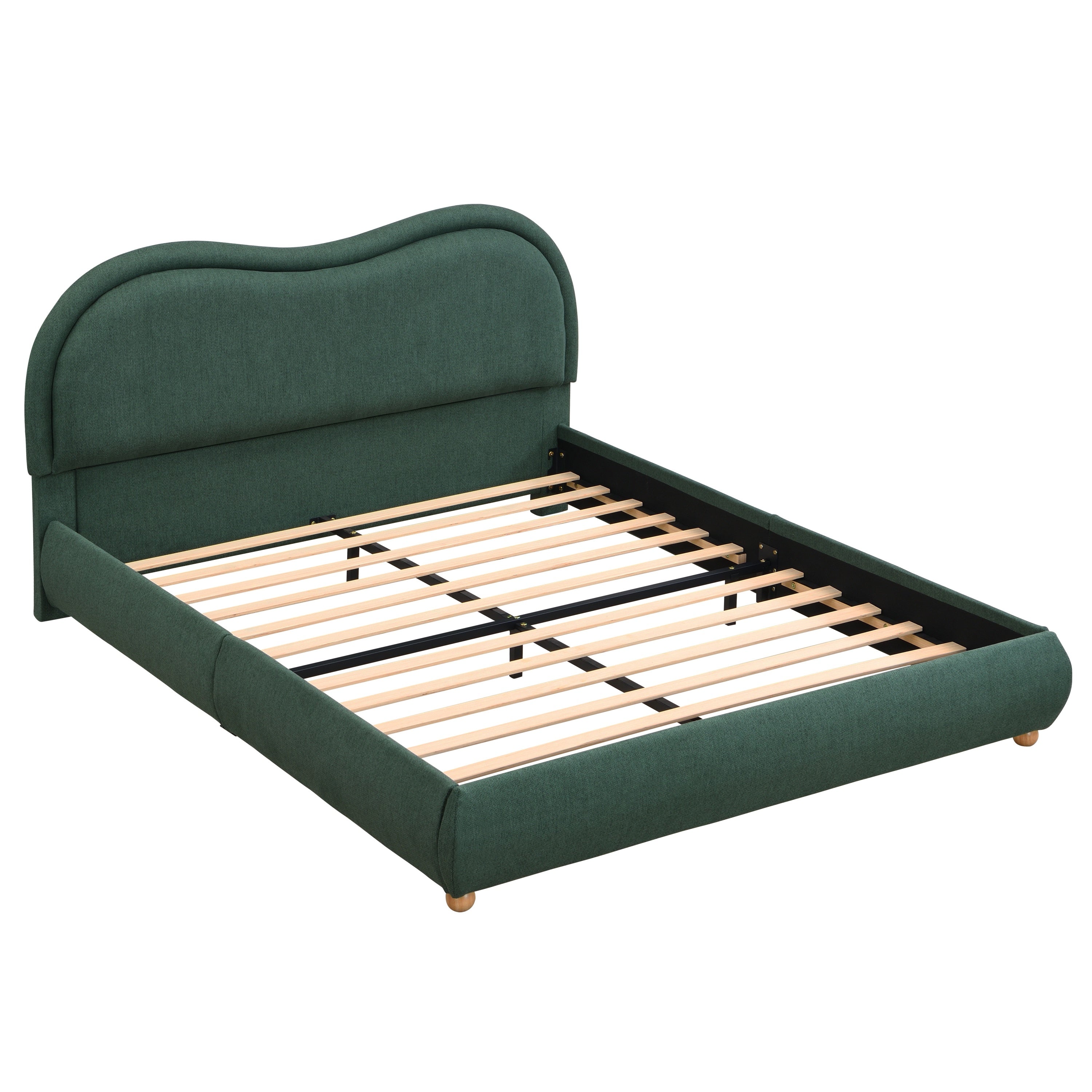 Bare olive green upholstered bed frame showing the rounded footboard rail and full wood slat platform #Color_Olive Green