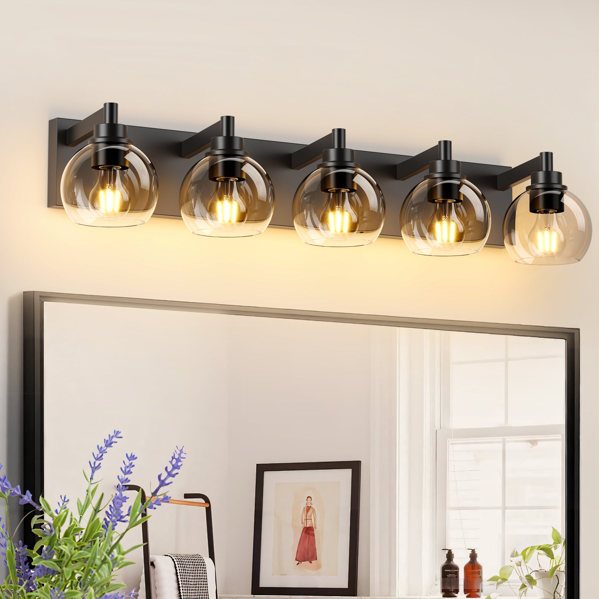 Black Globe 5-Light Vanity Light, 34 in, ‎glass Shade