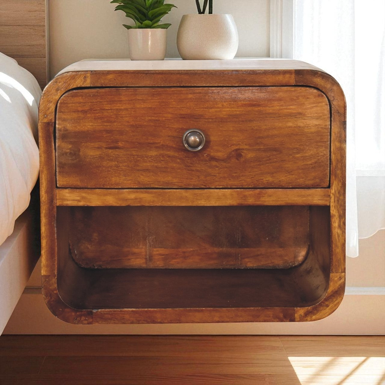 Chestnut Floating Nightstand with Drawer, Solid Mango Wood