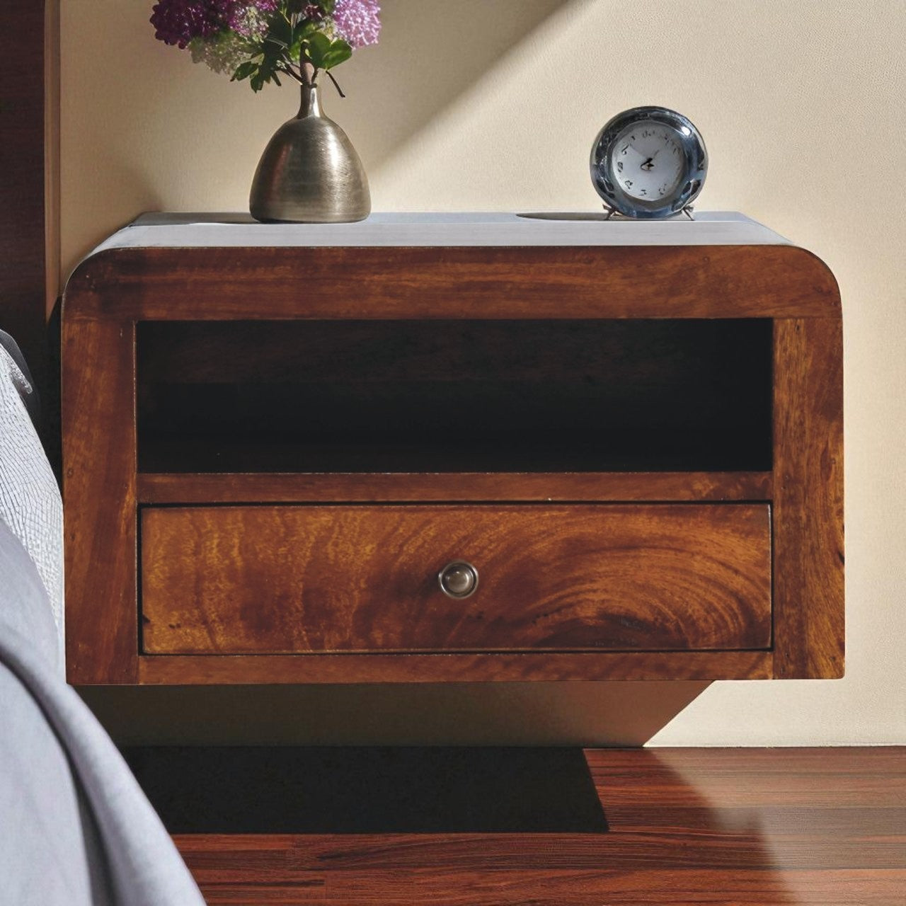 Mid Century Floating Nightstand, 1 Drawer, Chestnut Mango Wood