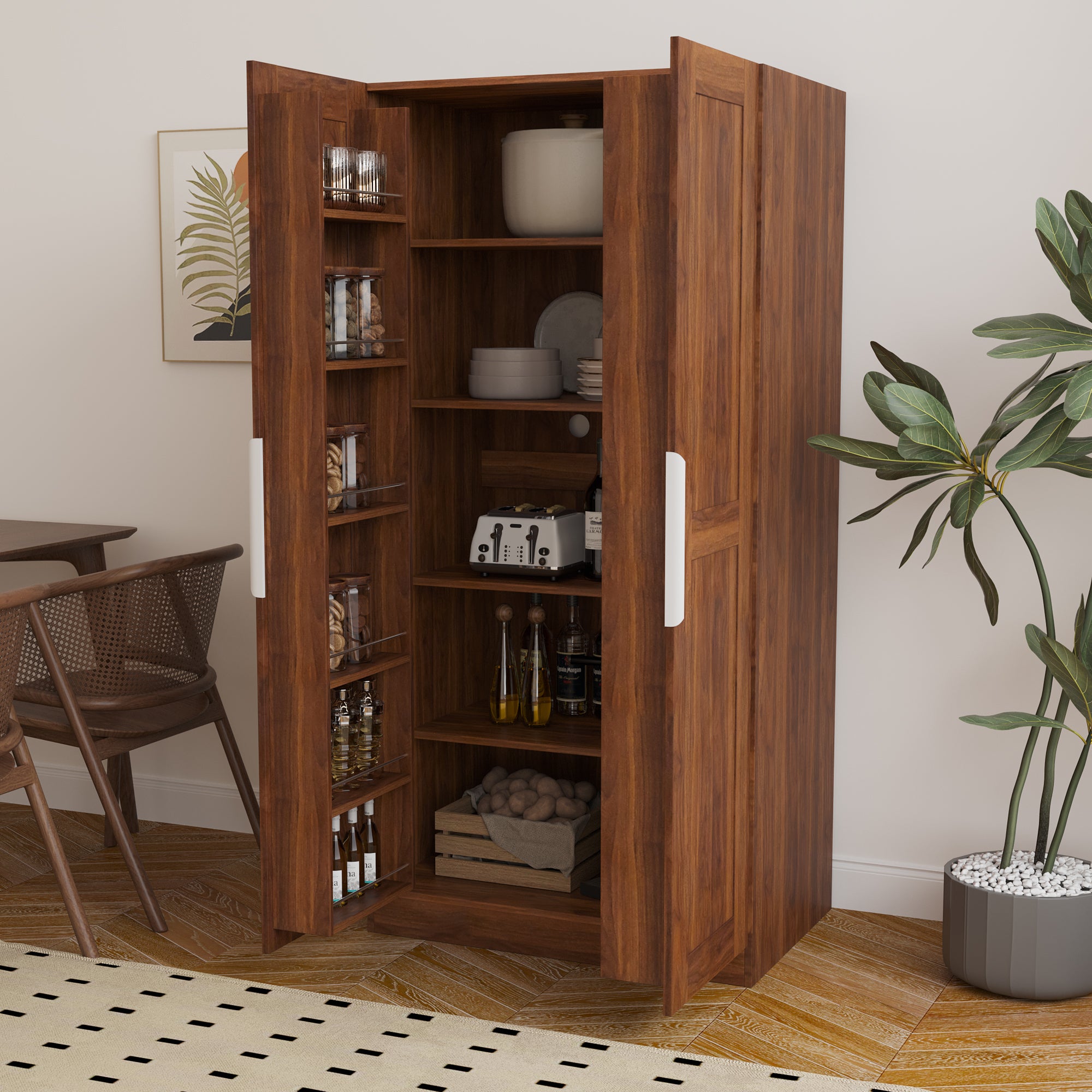 Walnut Kitchen Pantry Sideboard, 63in Tall 2-Door Cabinet