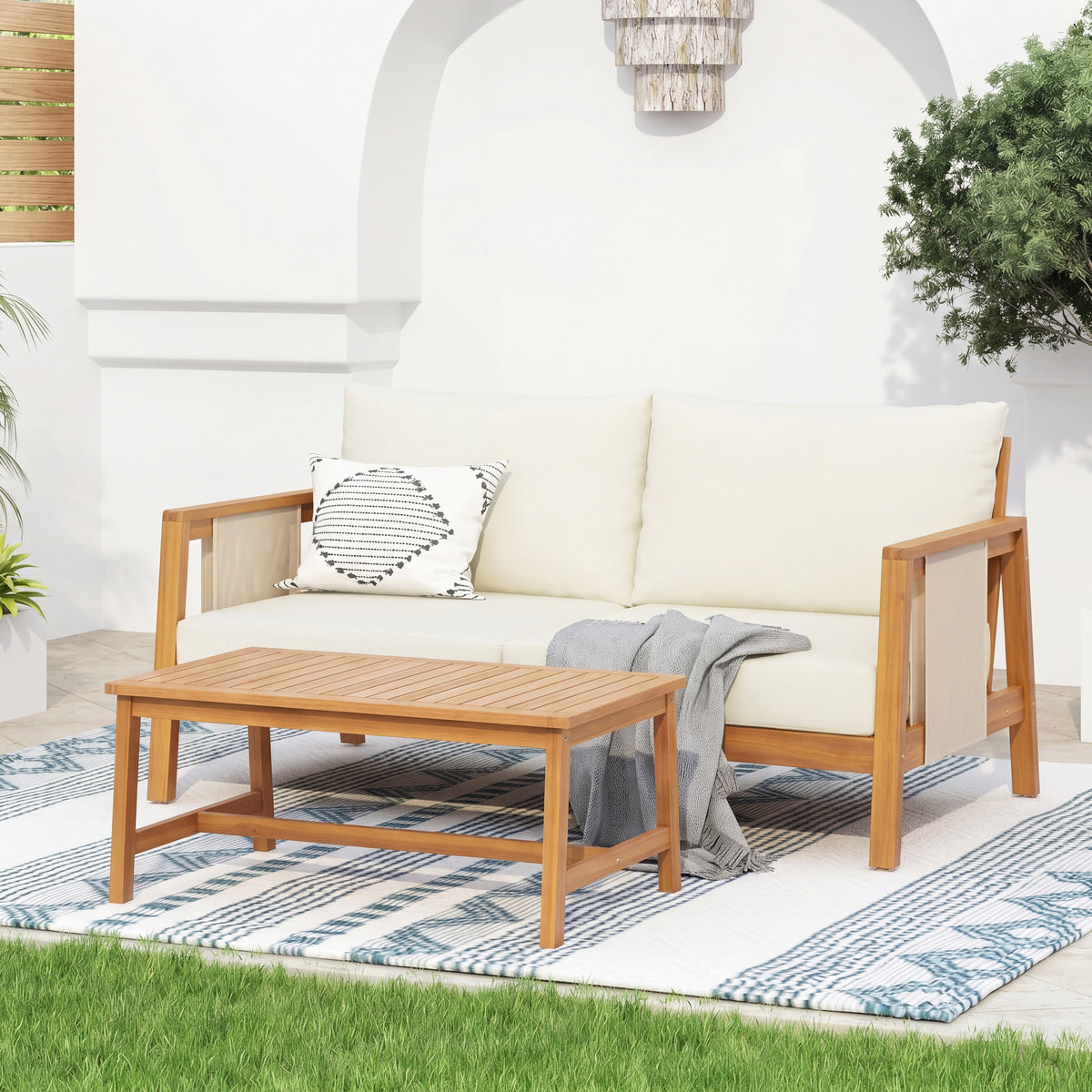Teak Finish Solid Wood 2-Piece Outdoor Sofa Set for 2 with Beige Cushions