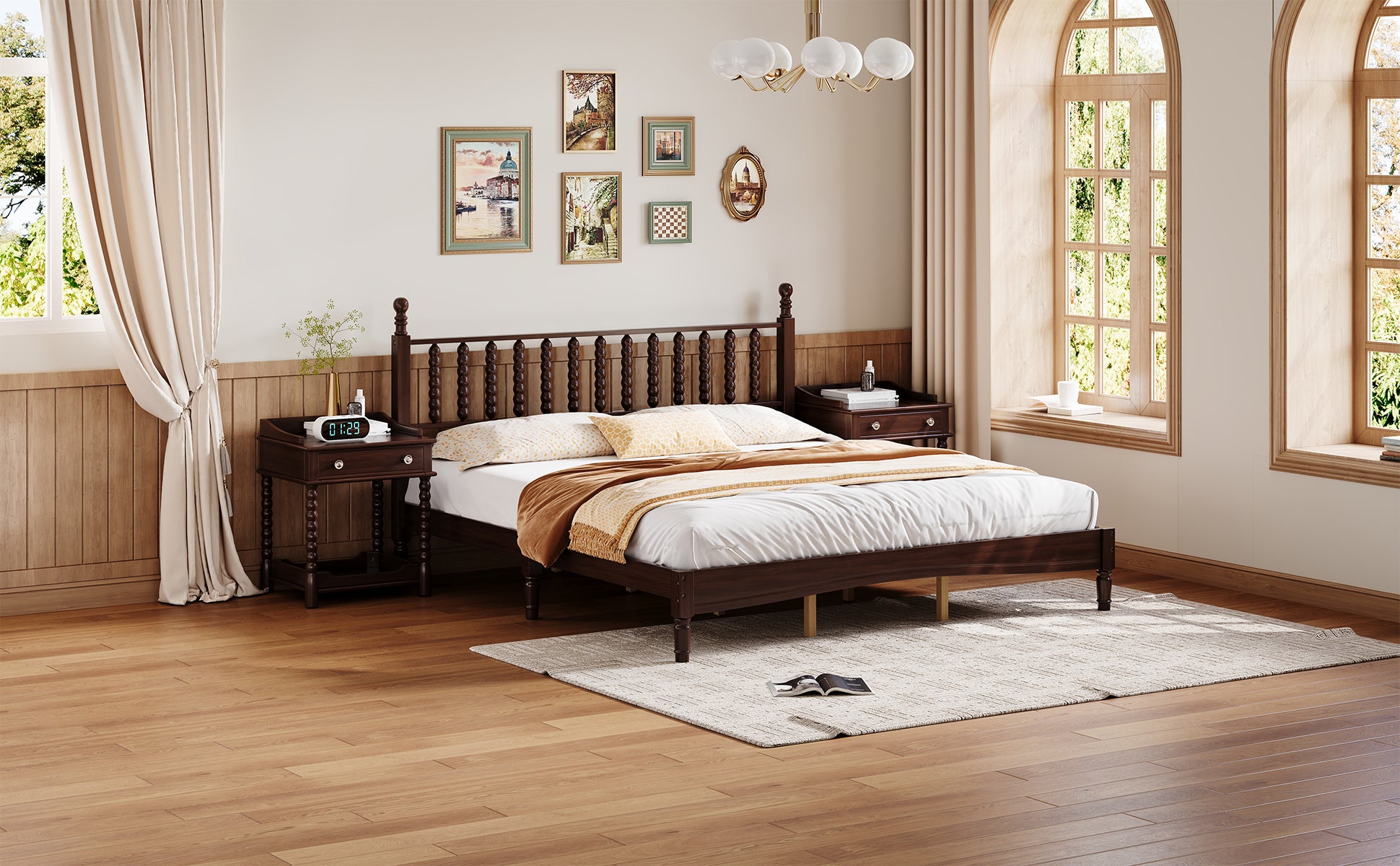 Walnut king bed frame in bedroom with striped rug and open book