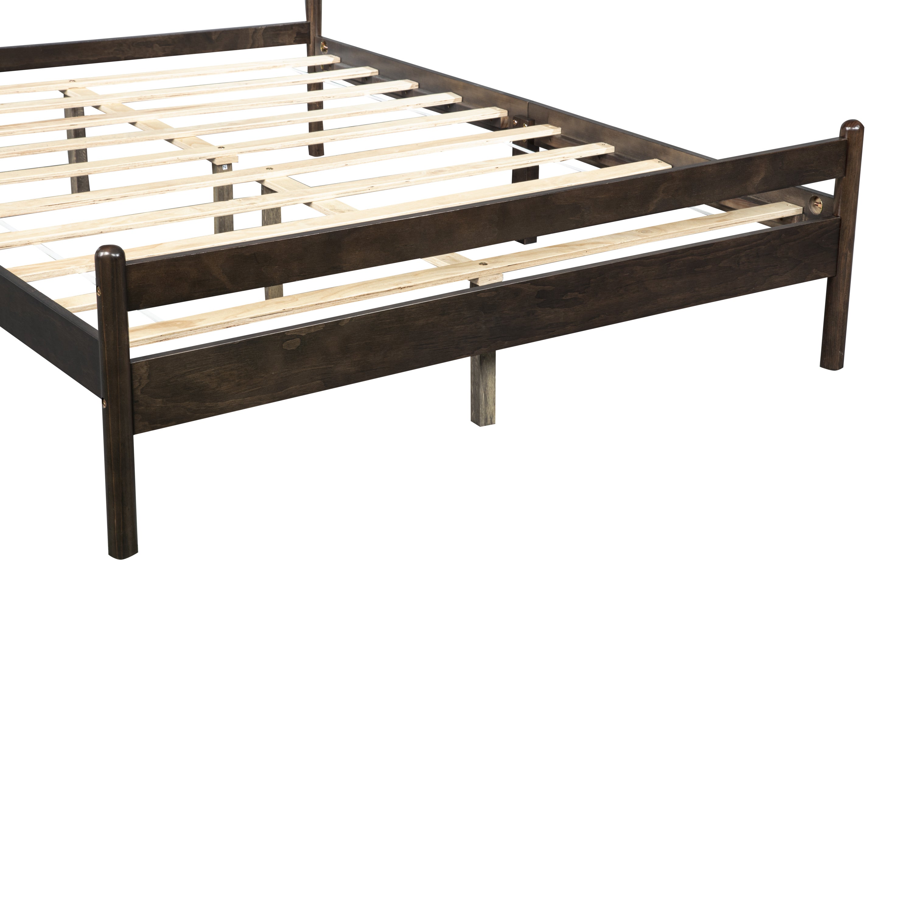 Center lengthwise support and wood slats spanning the brown queen bed frame #Color_Brown