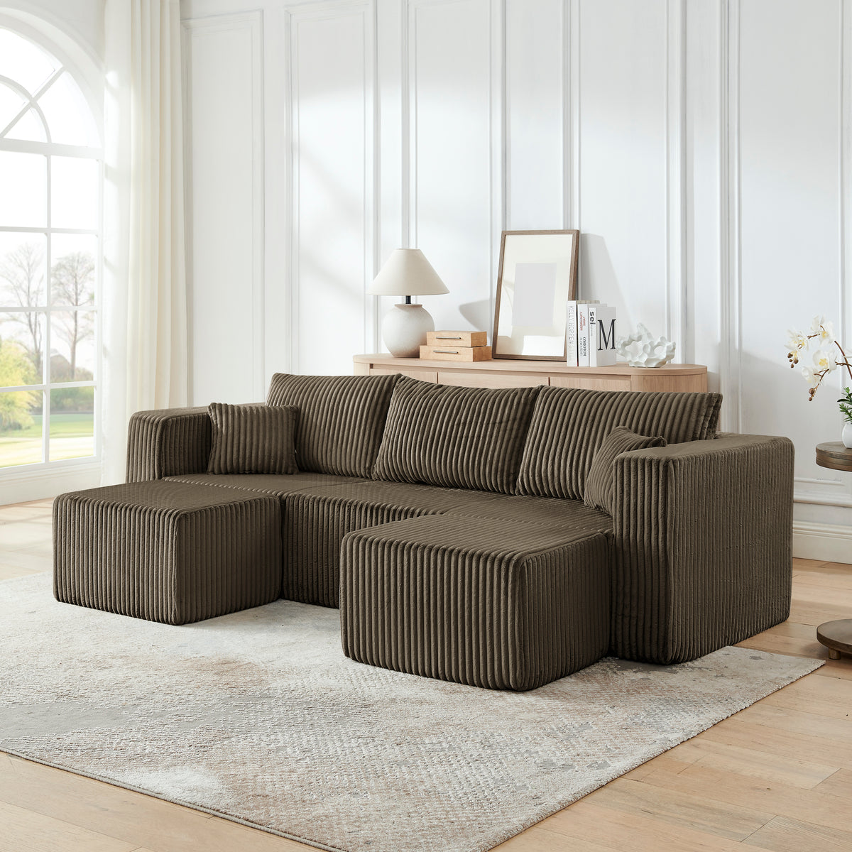 Brown Corduroy Modular Sectional Couch with 2 Ottomans, No Assembly