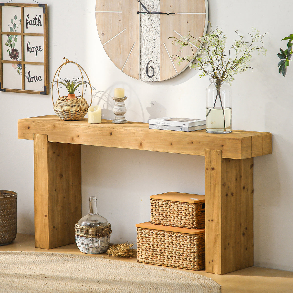 Natural Solid Wood Entryway Console Table, 63 in Wide