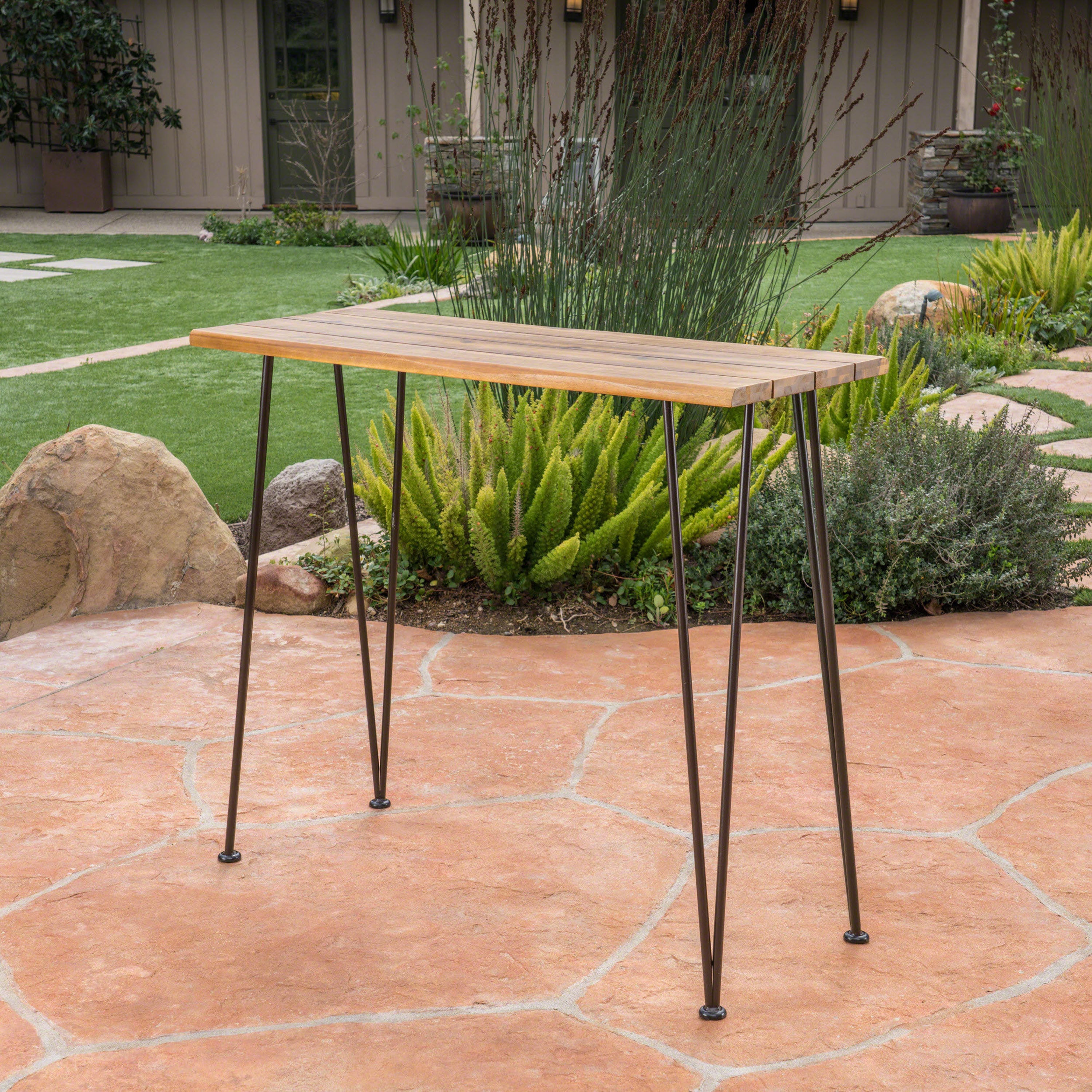 Bar Table, Industrial Acacia Wood and Metal Outdoor, Teak and Black