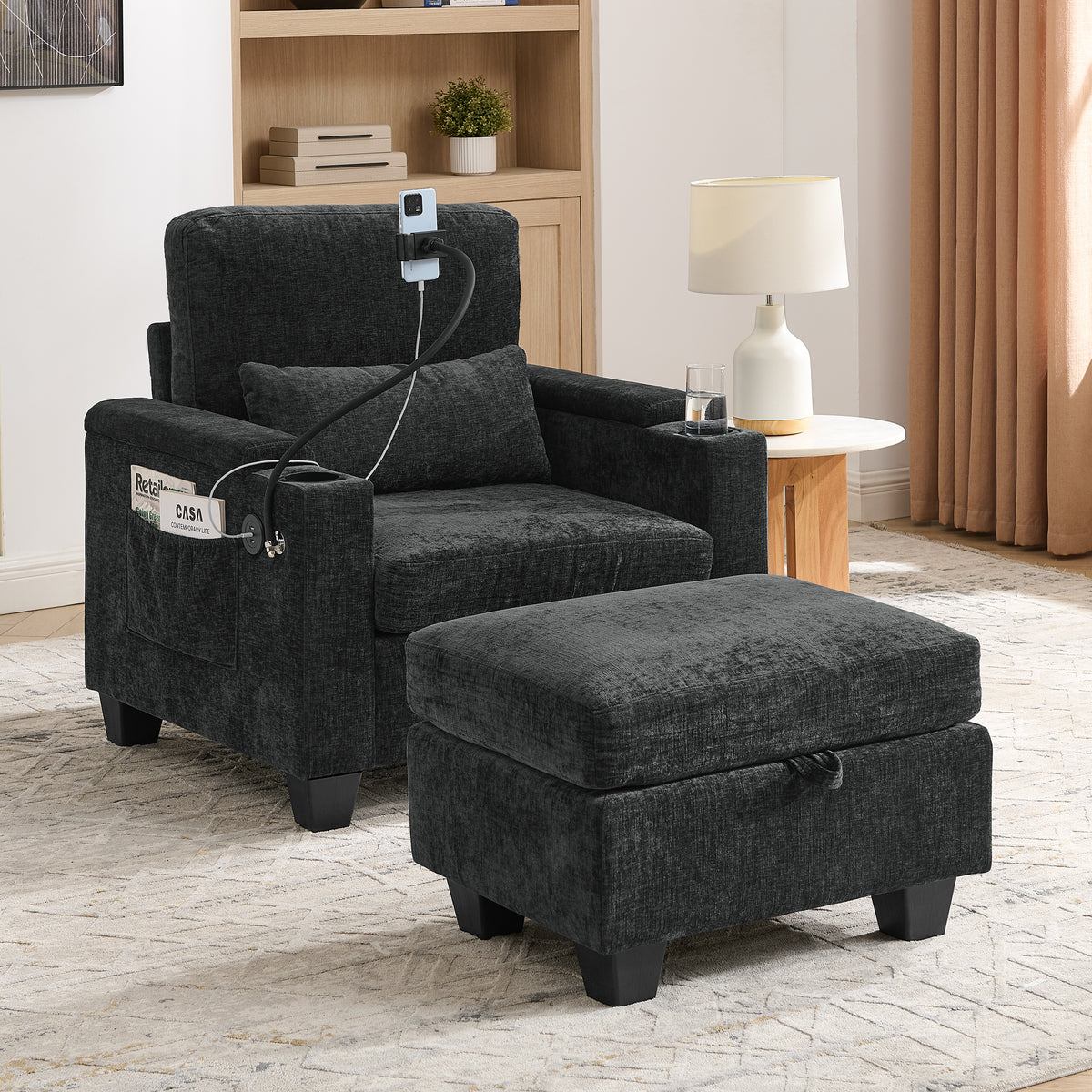 Black Chenille Recliner, USB Charging, Single Seat