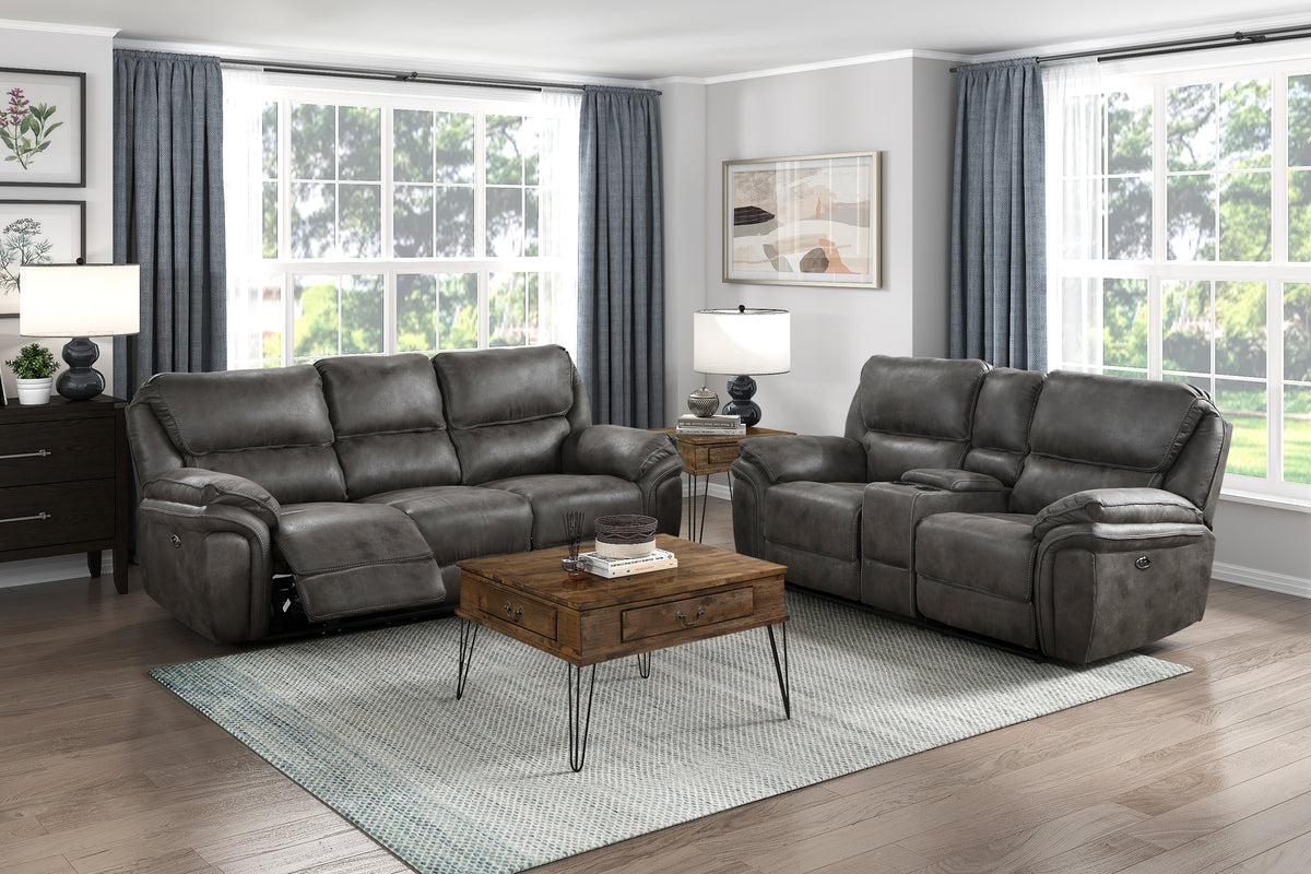 Gray Microfiber Power Reclining Sofa and Loveseat Set, USB Charging