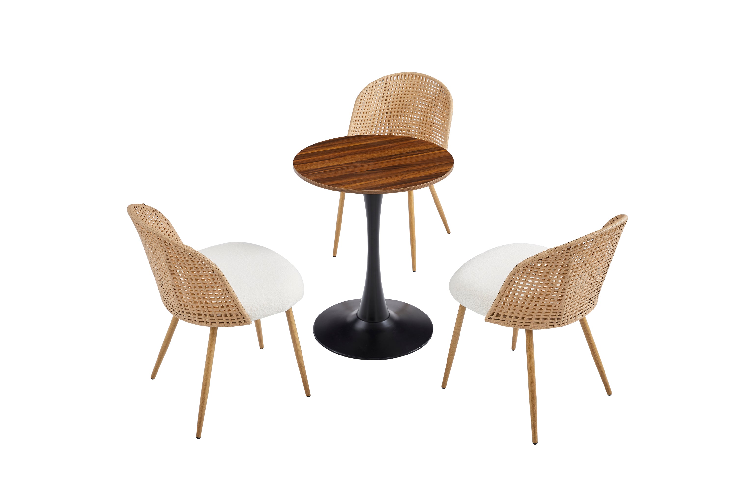 Studio shot of dark wood-grain round bistro table with three woven rattan chairs