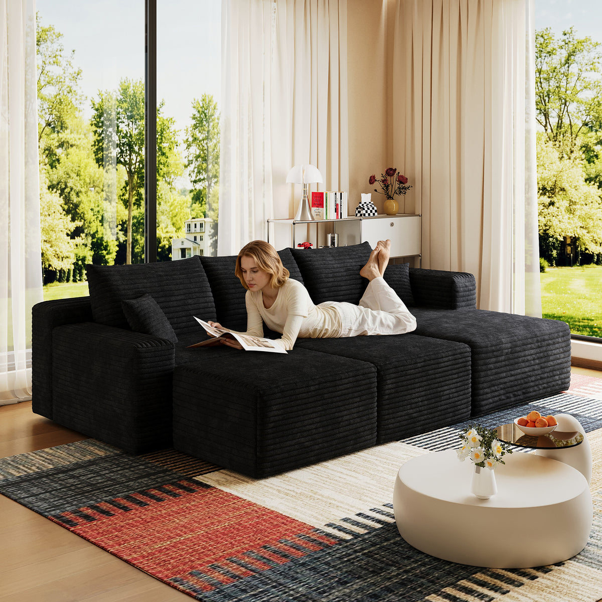 Black Corduroy L-Shaped Sectional with 2 Ottomans, 95 in Wide