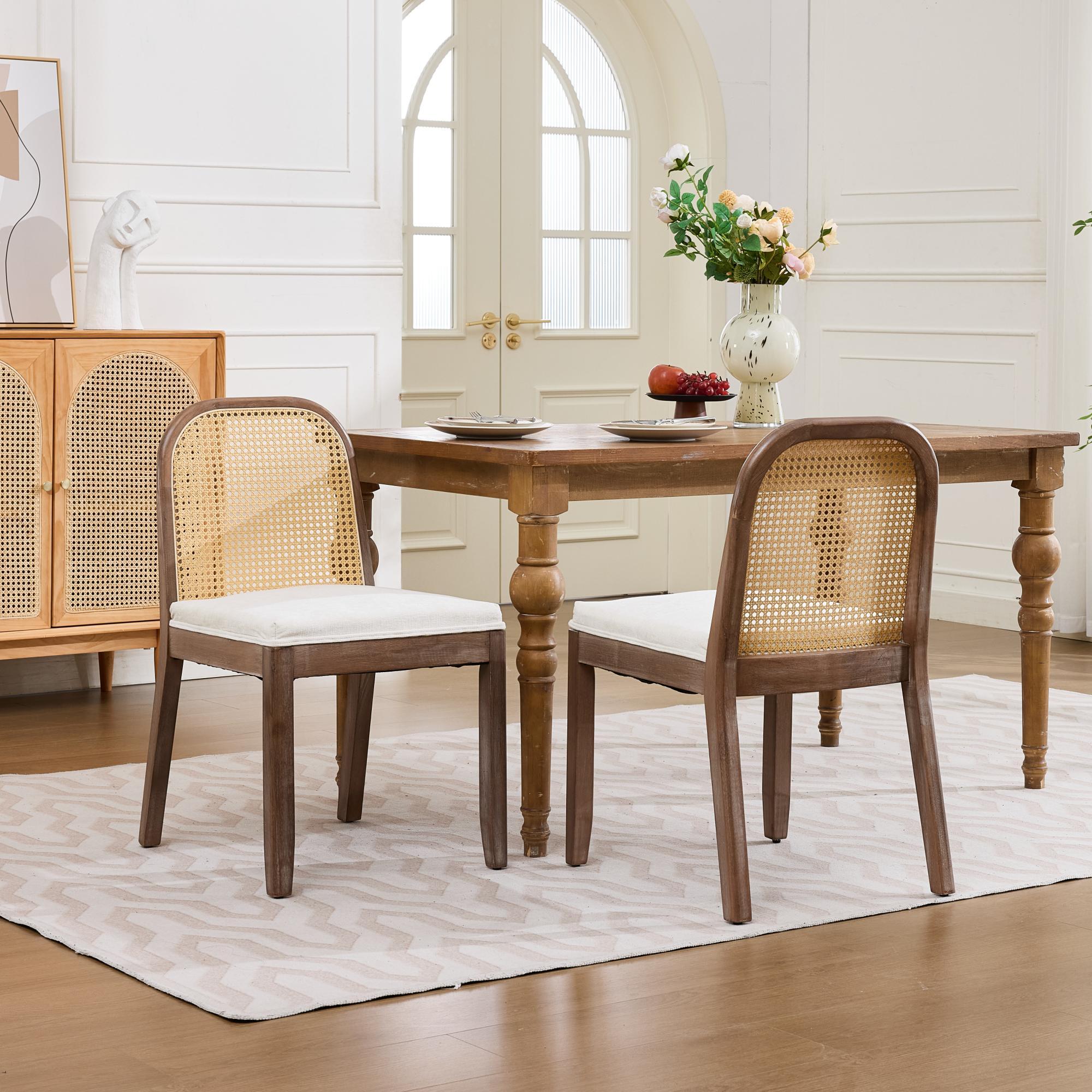 Cane-Back Dining Chairs Set of 2, Beige Chenille with Distressed Wood