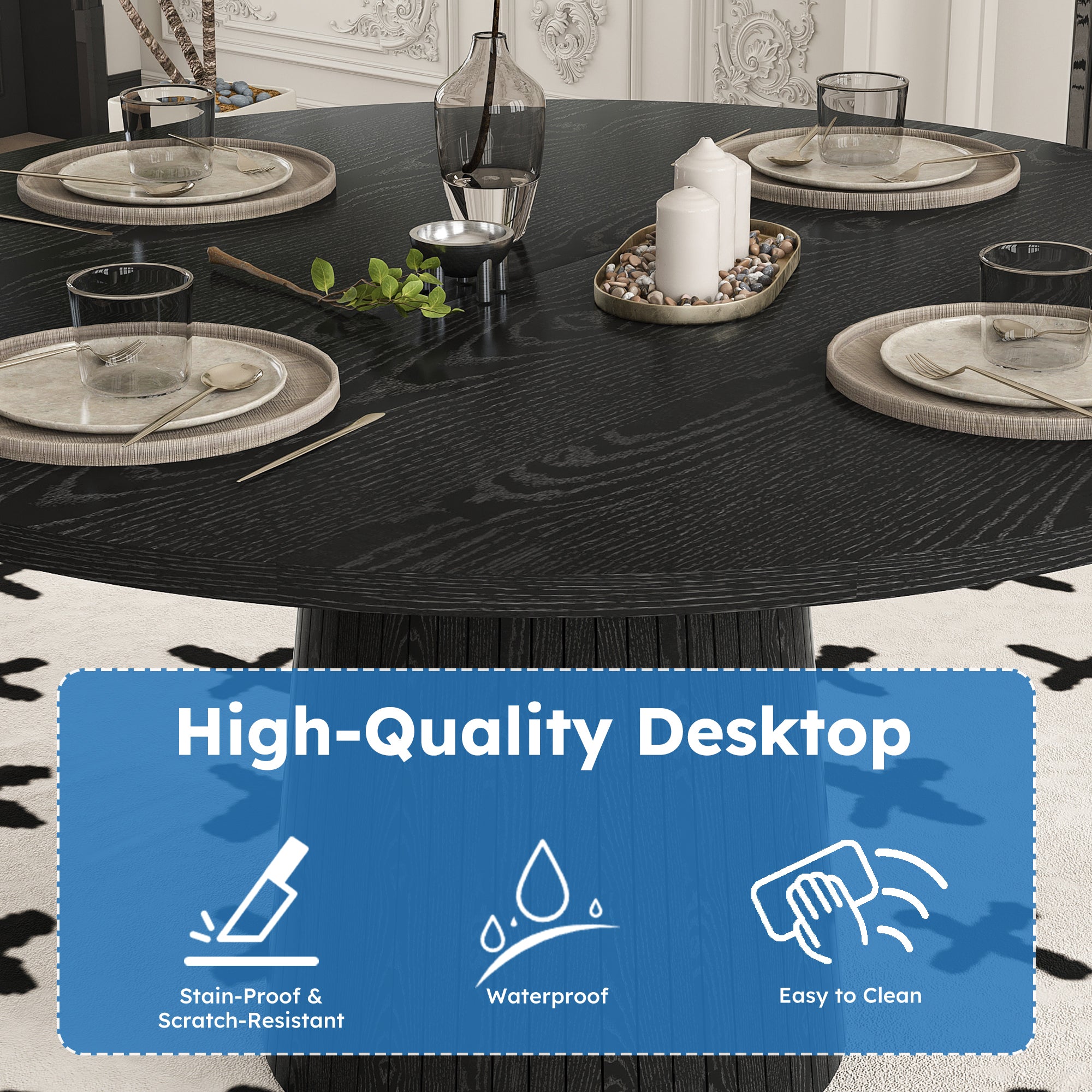 Feature graphic titled high-quality desktop with stain-proof, waterproof, and easy-clean icons