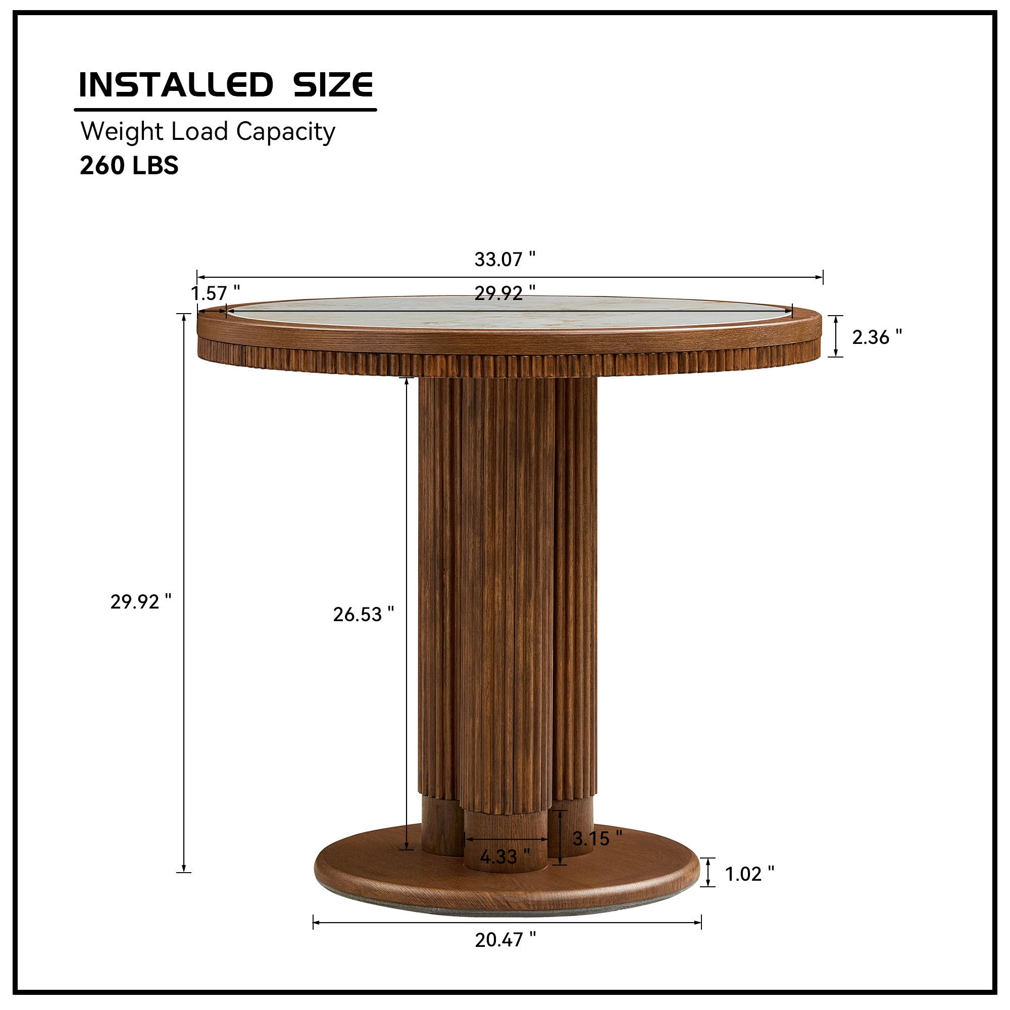 Dimension diagram of round table, 33.07 inch top, 29.92 inch height, 260 lb capacity