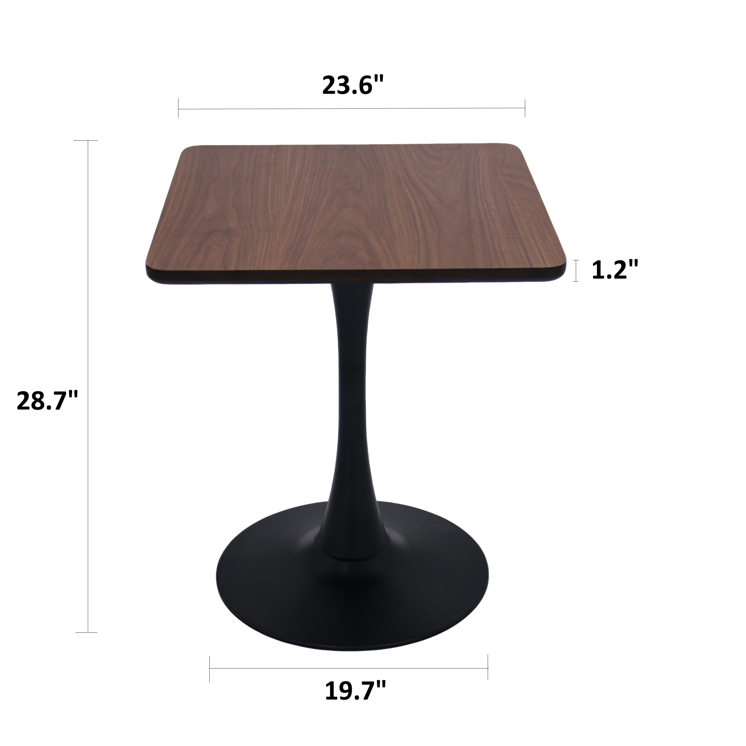 Dimension diagram of the walnut square tulip bistro table, front view labeled 23.6 inch top, 28.7 inch height, 19.7 inch base