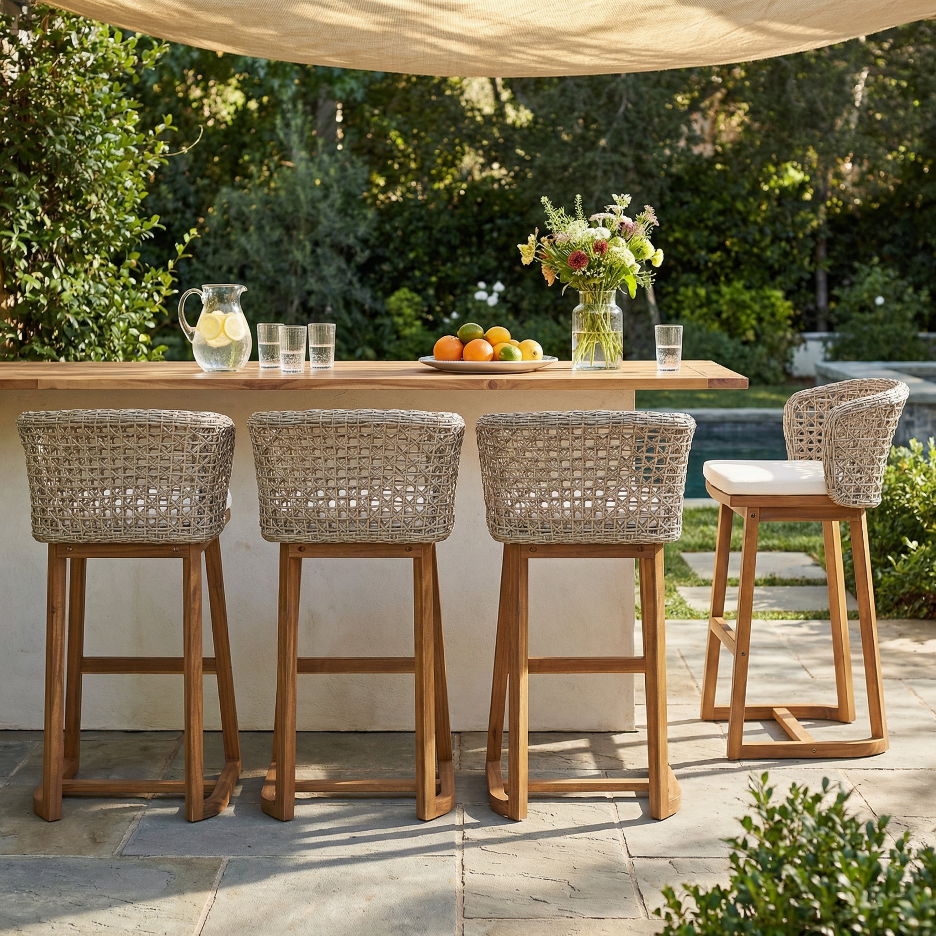 Outdoor Acacia Bar Stools, Set with Woven Wicker Backs, Teak Finish
