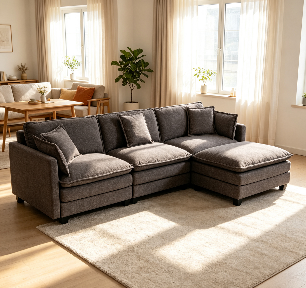 Gray Chenille Modular Sectional Couch with Ottoman, 113.8 in Wide