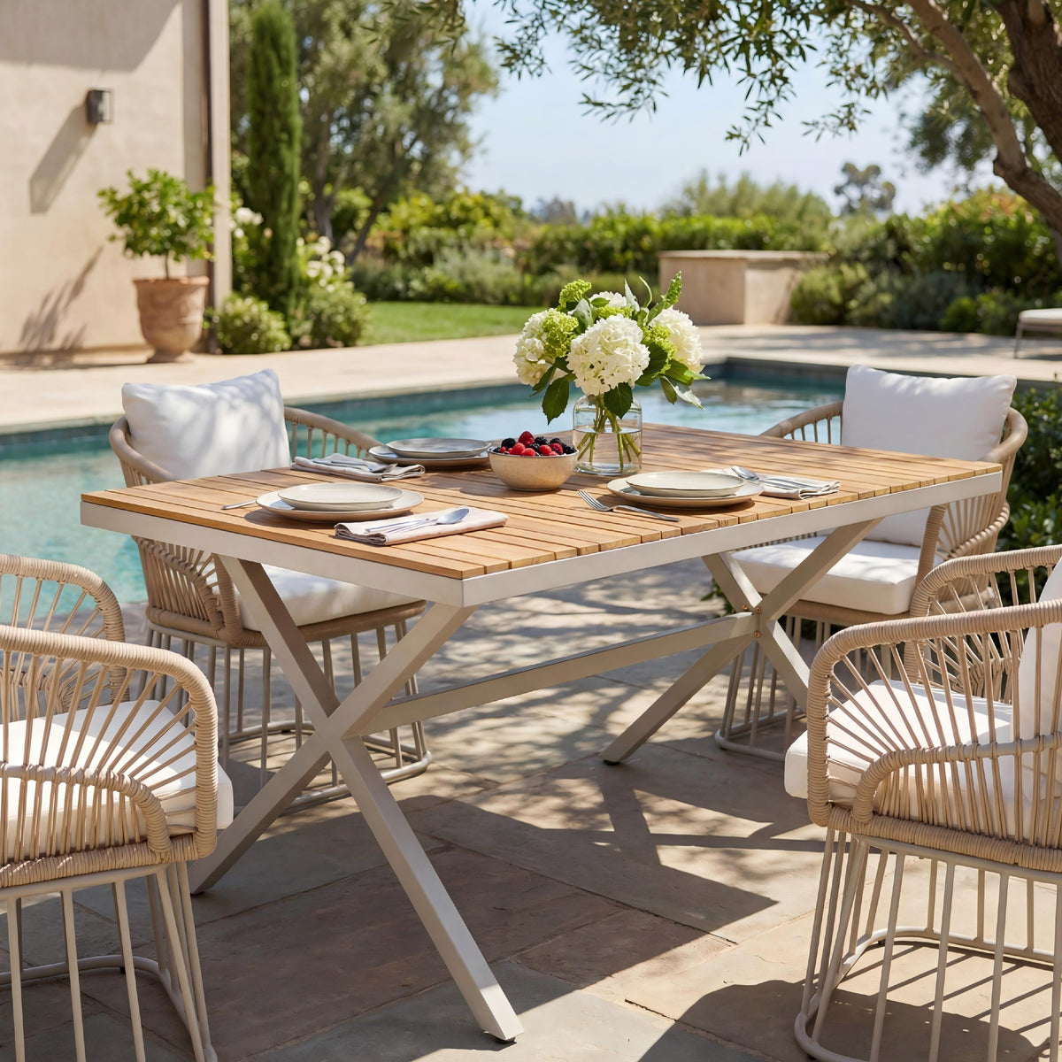 Teak Rectangular Outdoor Dining Table with Beige Steel Frame, 55.1 in Wide