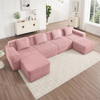 Boneless Couch – 4 Seater with 2 Ottomans, Pink