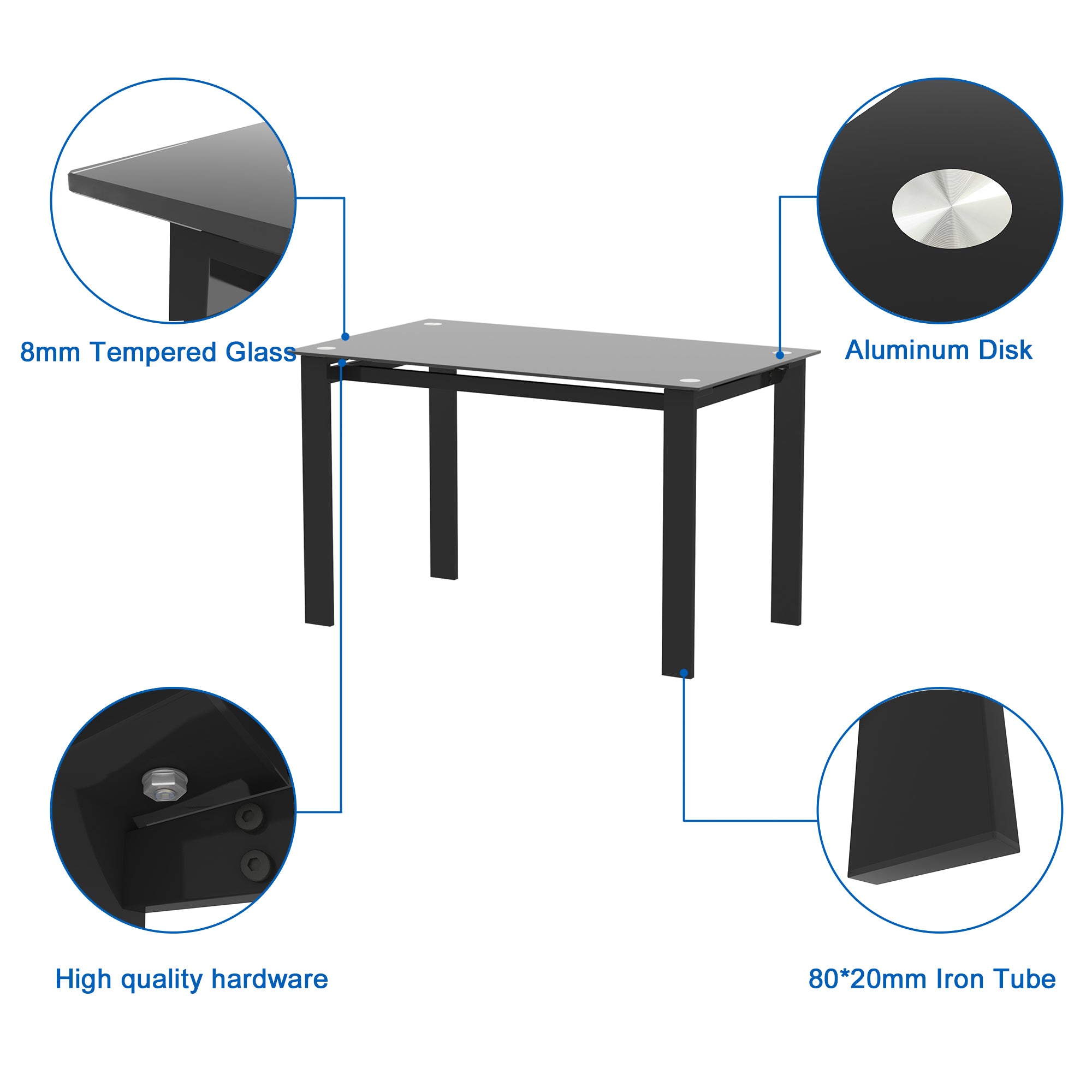 Feature graphic labeling the 8 mm tempered glass, aluminum disk, hardware and 80x20 mm iron tube