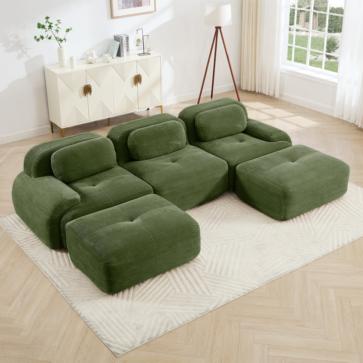 Olive Green Corduroy U-Shaped Modular Sectional Couch