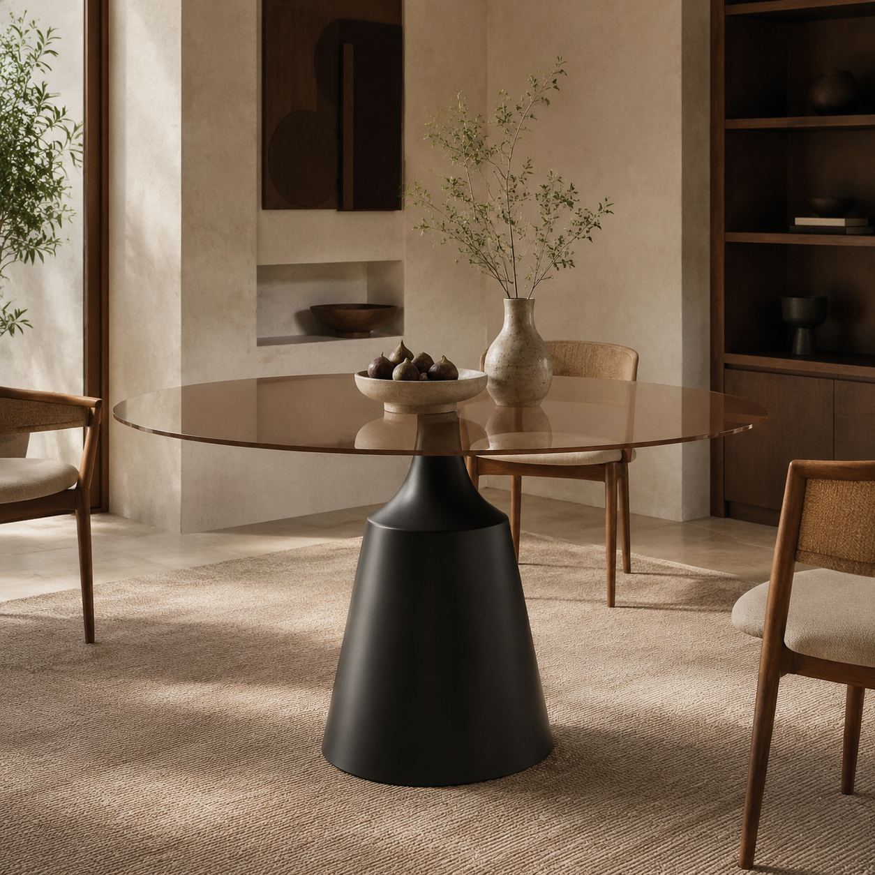 Round Glass Dining Table, Mid-Century Black - 35 Inch
