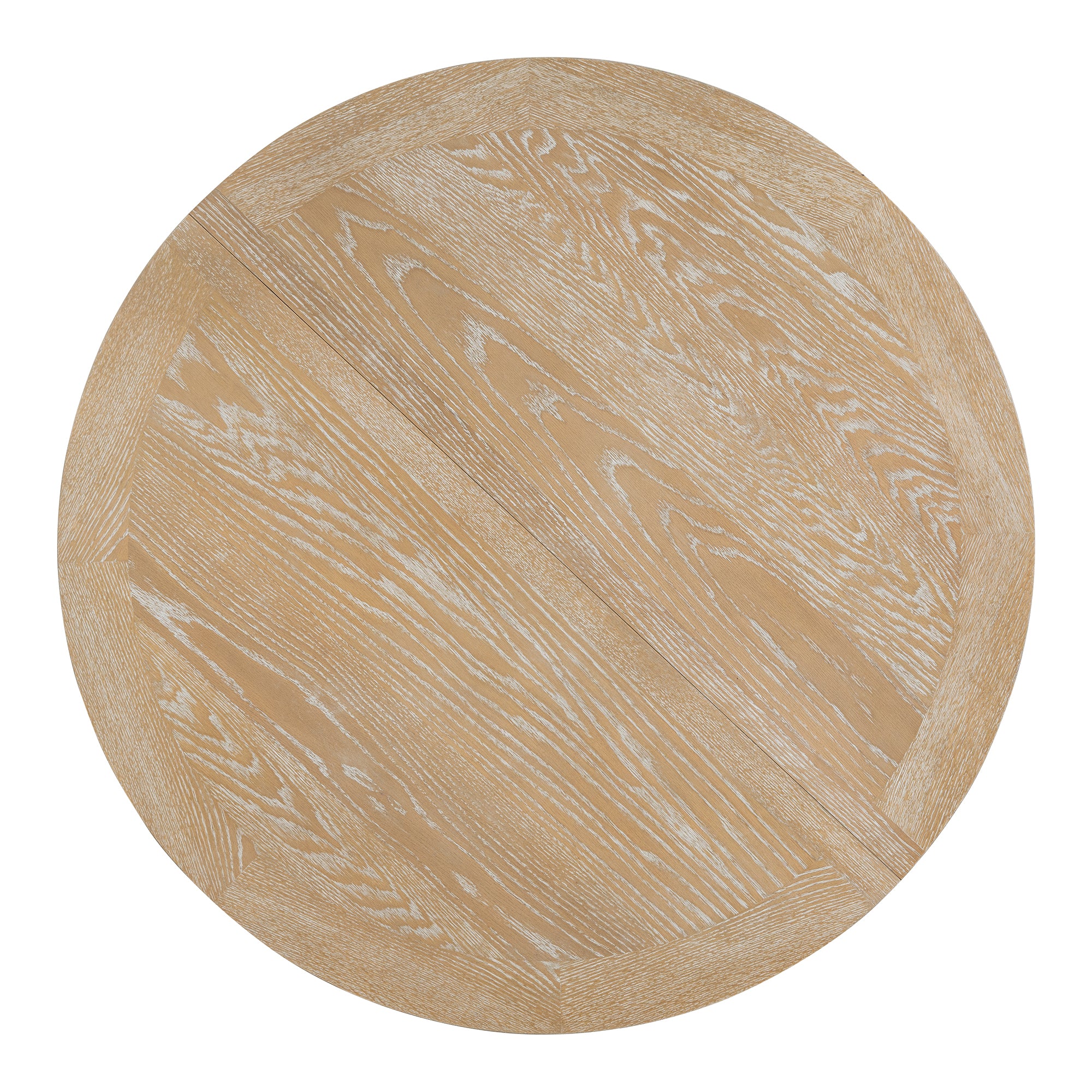 Overhead view of the round natural oak tabletop with limed grain