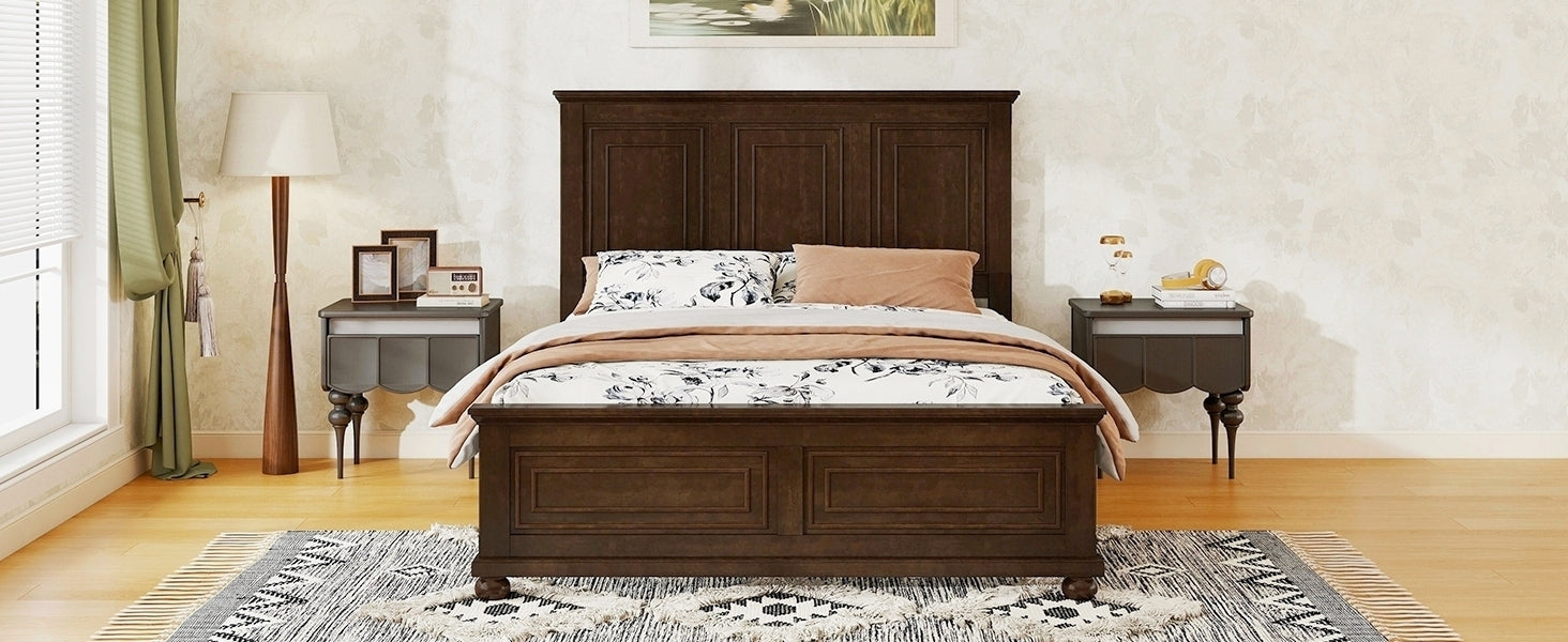 Wide symmetric view of the brown queen panel bed centered between two gray nightstands and lamps