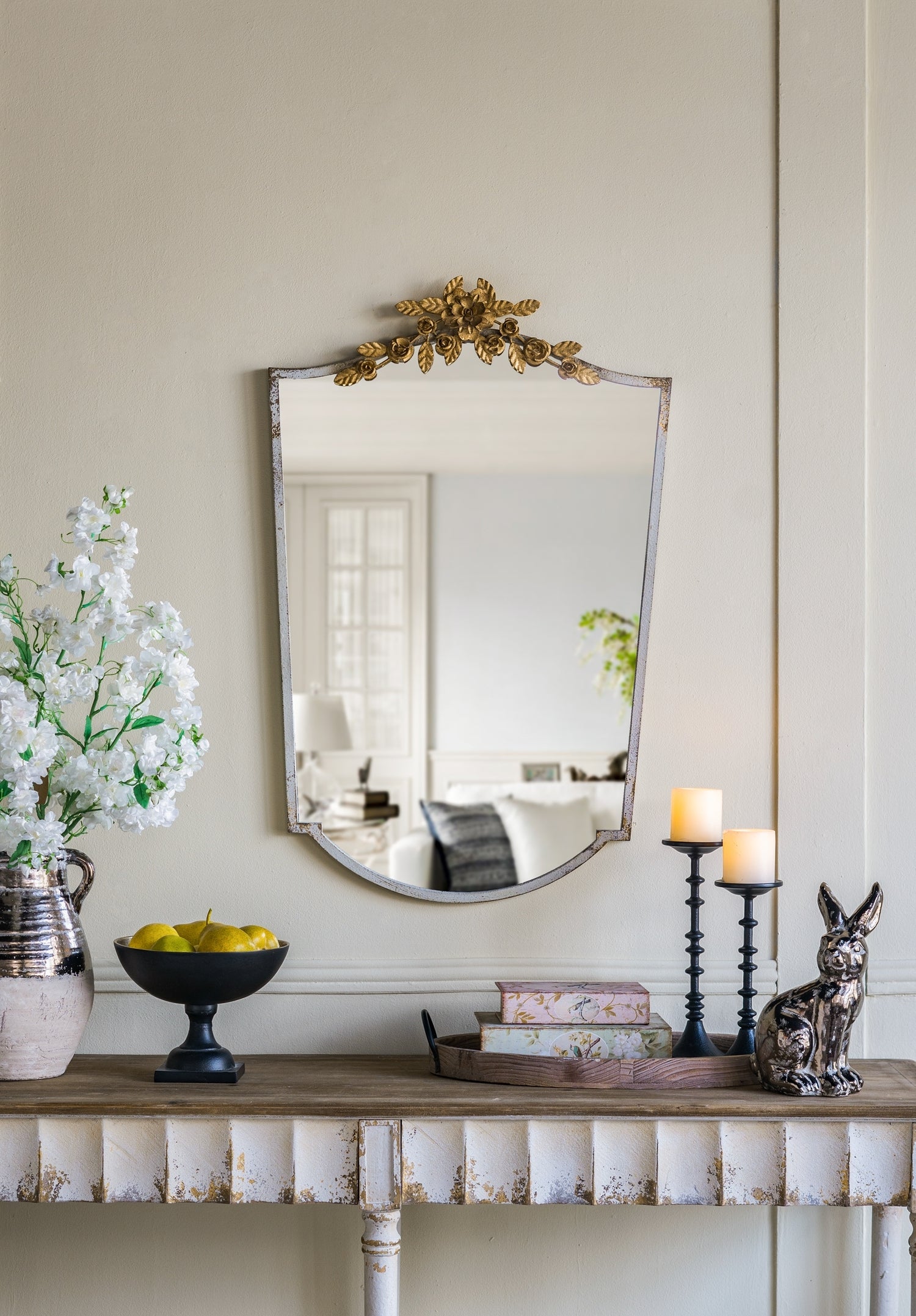 Arched Ivory and Gold Mirror with Floral Crown, 24 x 37.4 in